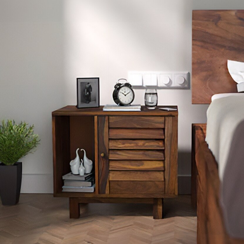 Terence Solid Wood Bedside Table in Teak Finish