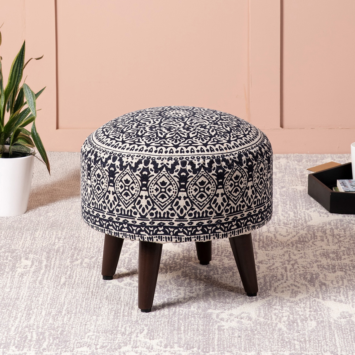 Mandala Fabric Wooden Ottoman in Blue Color - Nestroots