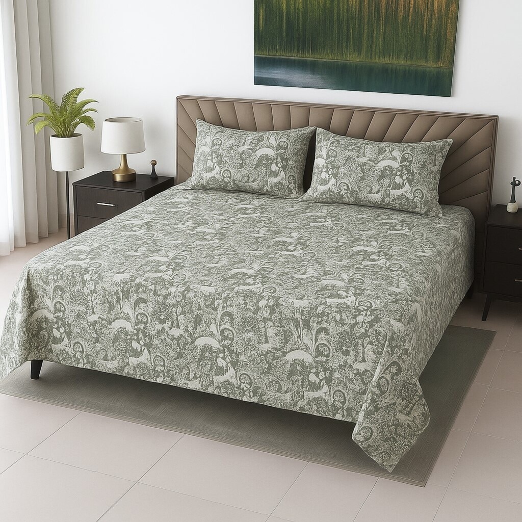 Off White & Green  Color Floral 400 TC Cotton Flat Super King Bed Size Bedsheet With 2 Pilllow Covers  Threads