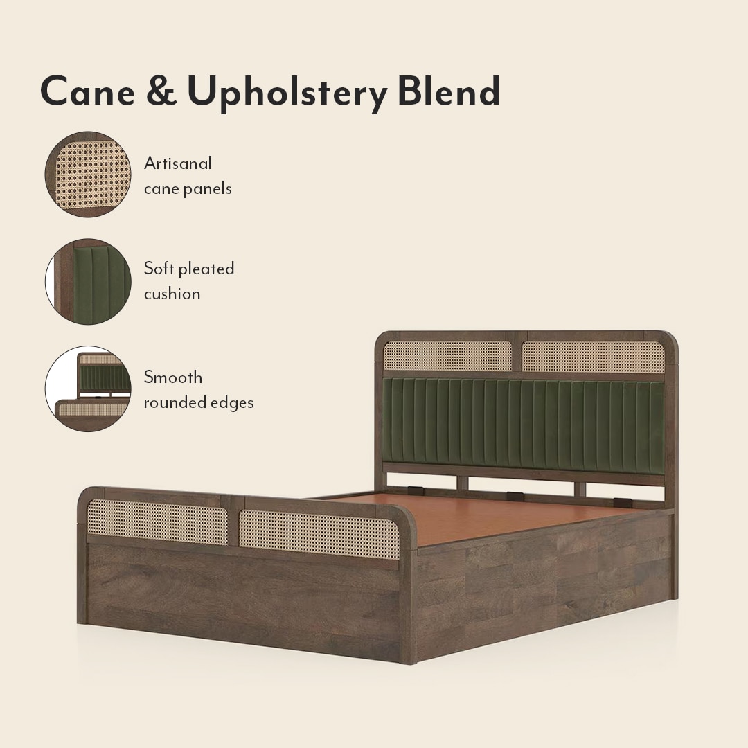 Hanoi Solid Wood Cane Queen Size Hydraulic Storage Bed In Danish Walnut Finish with Deep Olive Colour