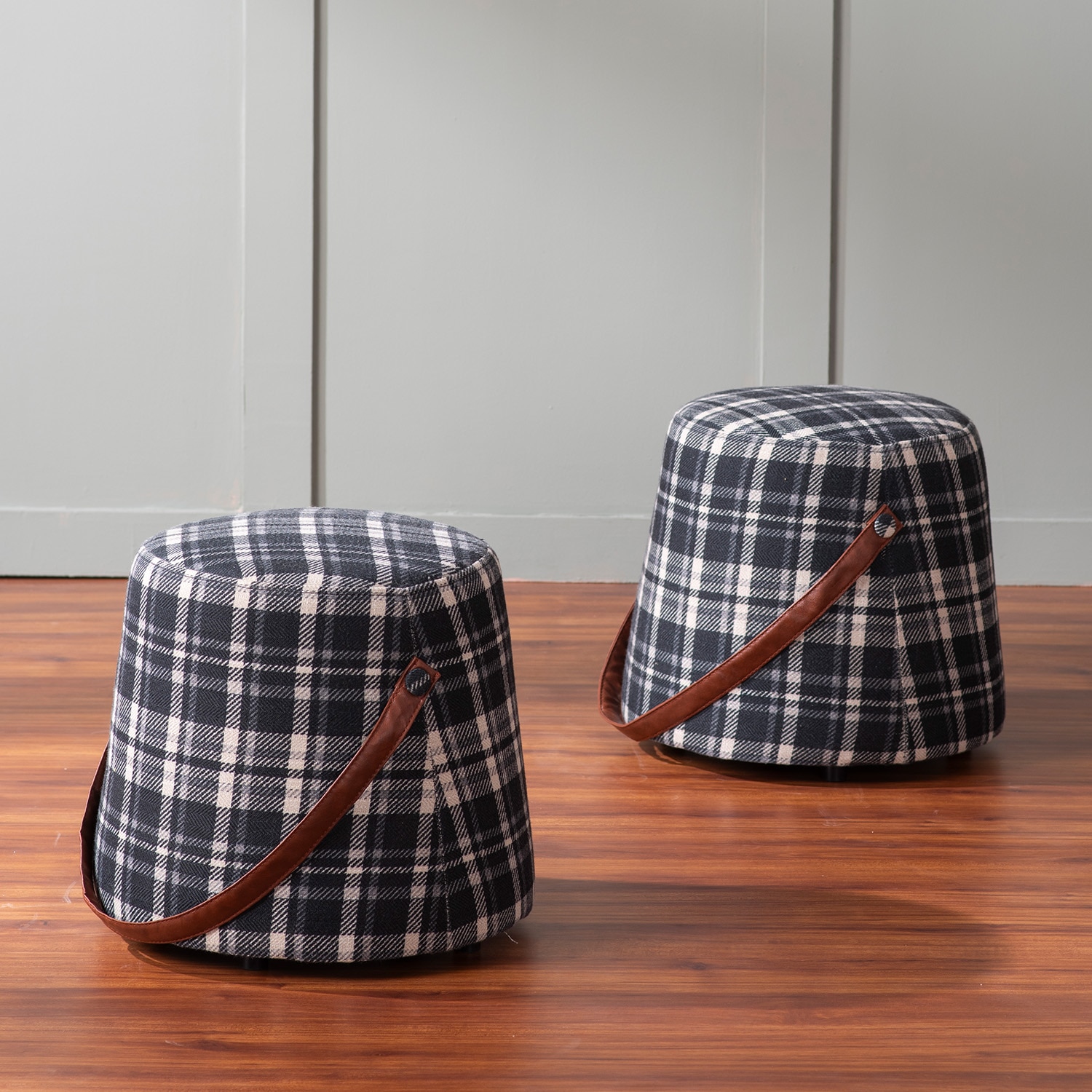 Hoist Collection Black Pouf With Faux Leather Strap Set Of 2 - Nestroots