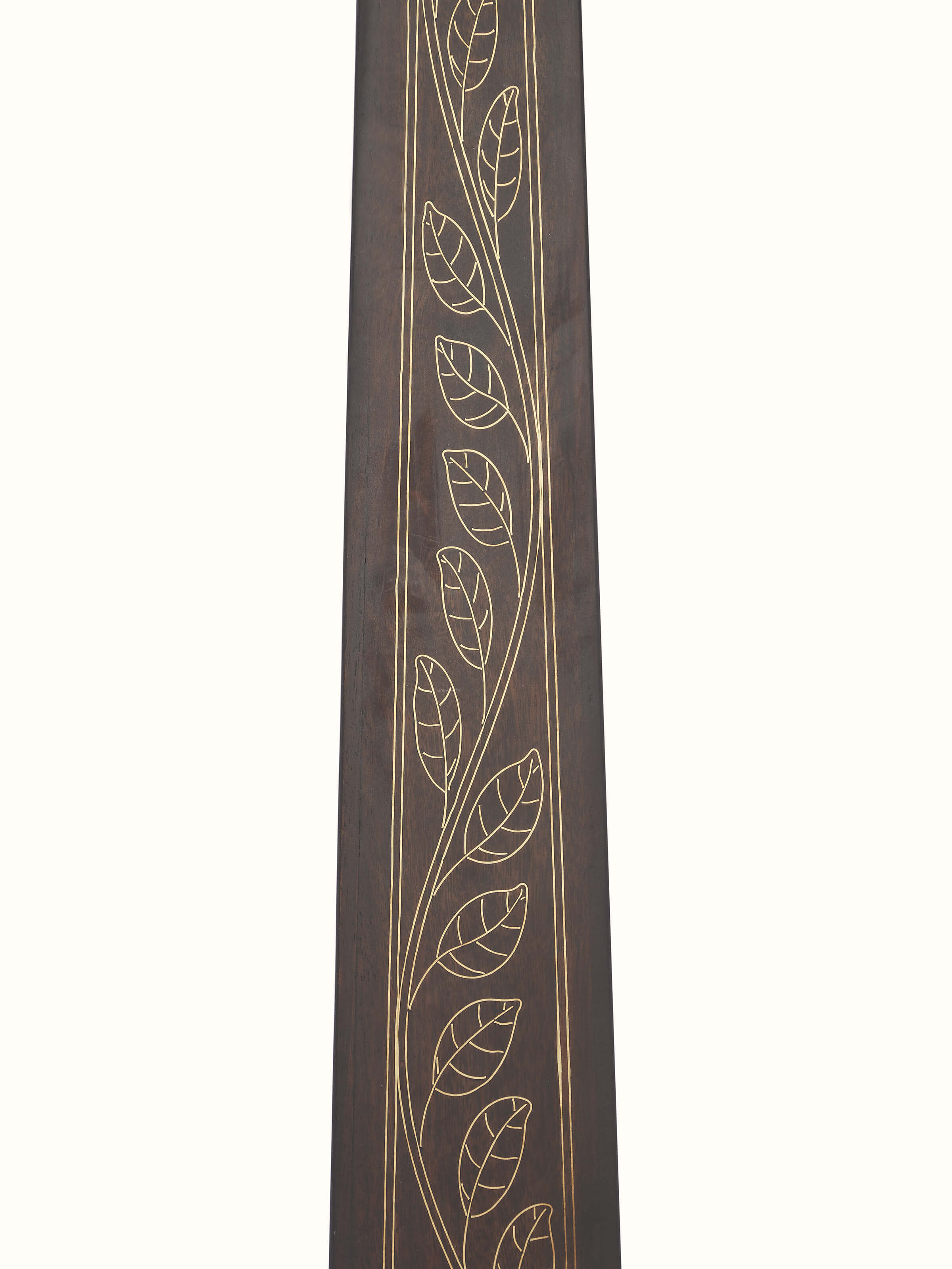 Close-up view of Tarkashi Sheesham Wood & Brass LED Floor Lamp, focusing on the details and finish of the wood and brass