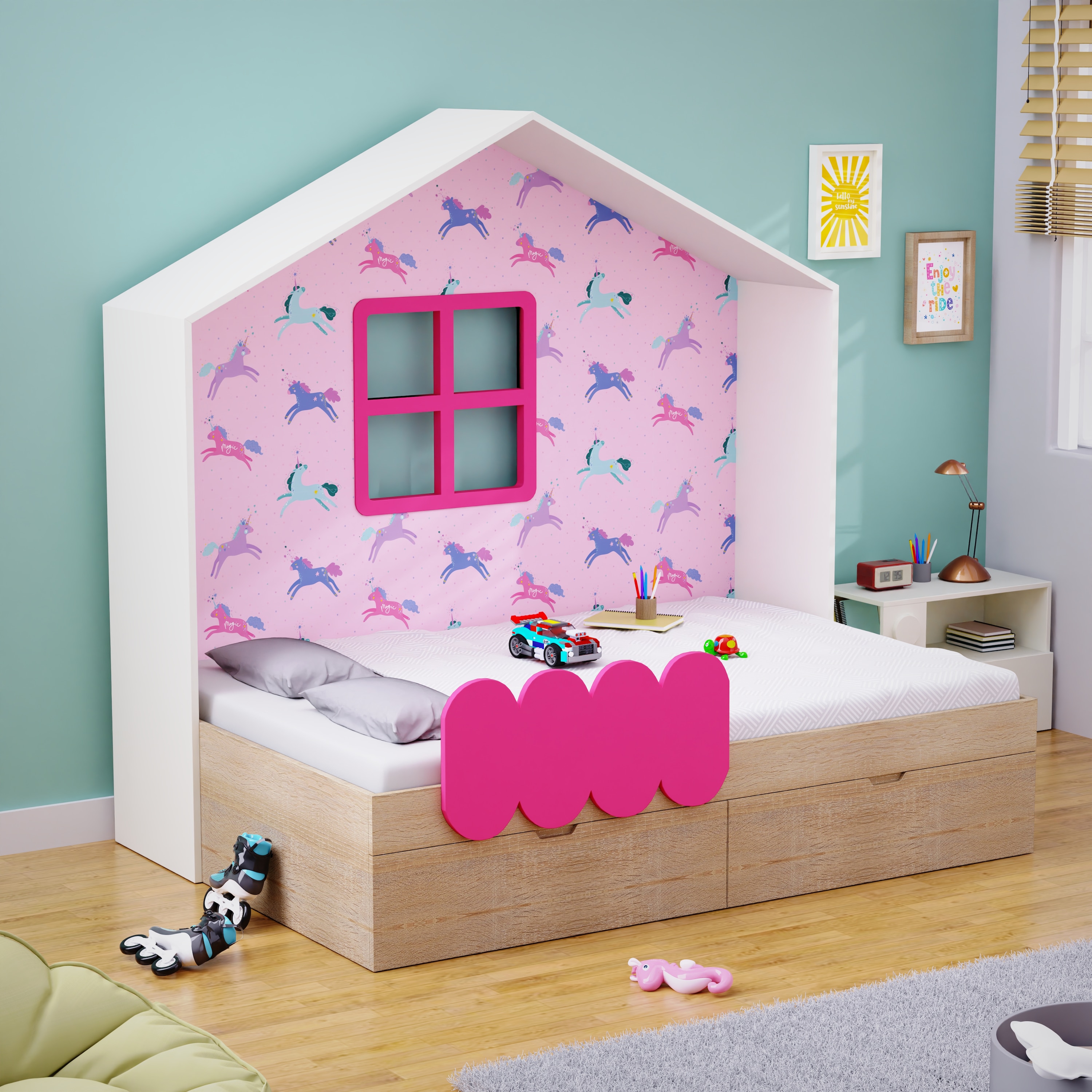 Little Hut Bed 6X4 Drawers On Wheels In Pink Colour53