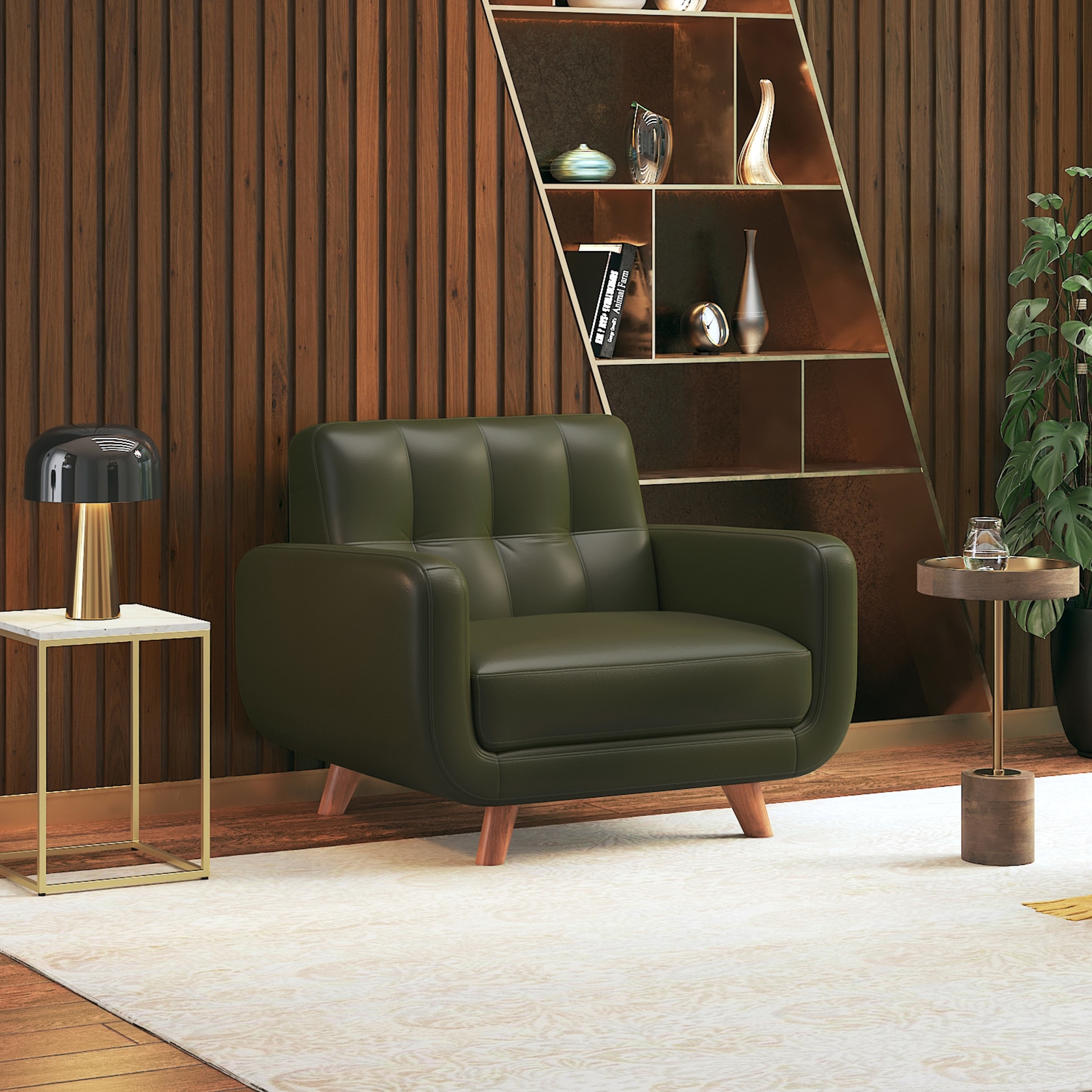 Waverly 1 Seater Leather Sofa in Army Green Colour