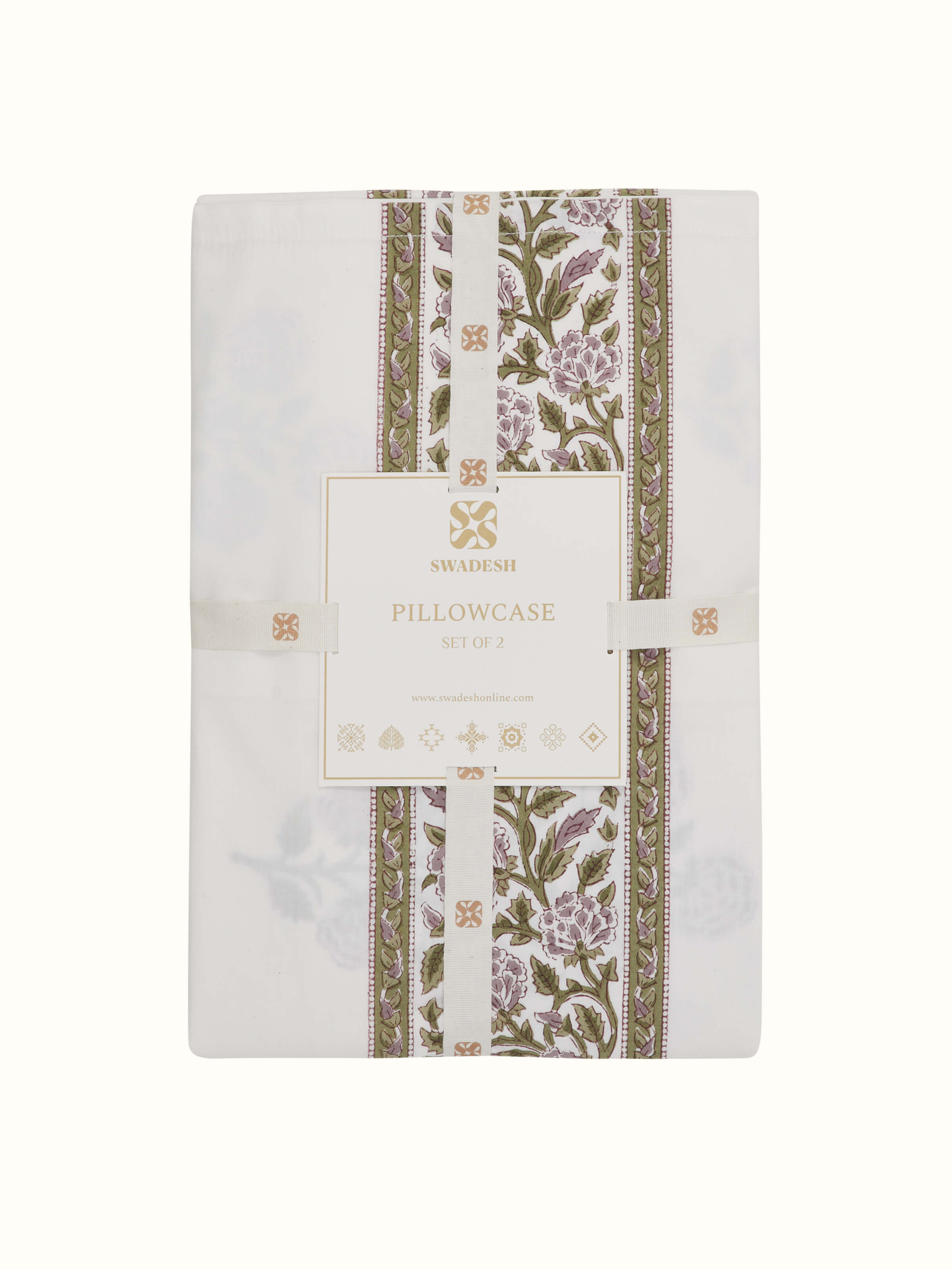 Front view of Saha Lavender Buta Cotton Sanganeri Block Printed Pillow Cases (2 pcs) displaying the full design and pattern.