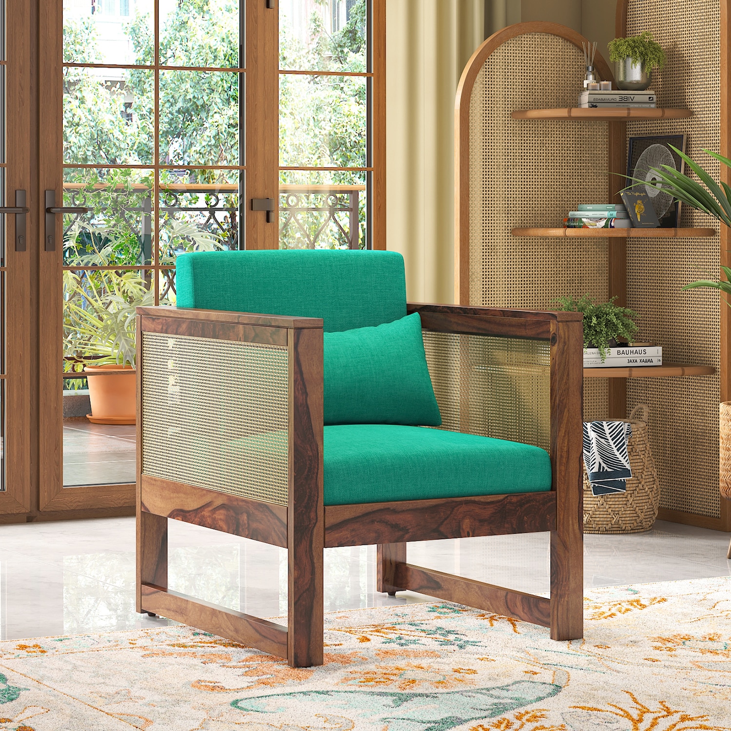 Korai Plus single seater sofa -Finish -Teak,Fabric - Lagoon Green Futon-image-2