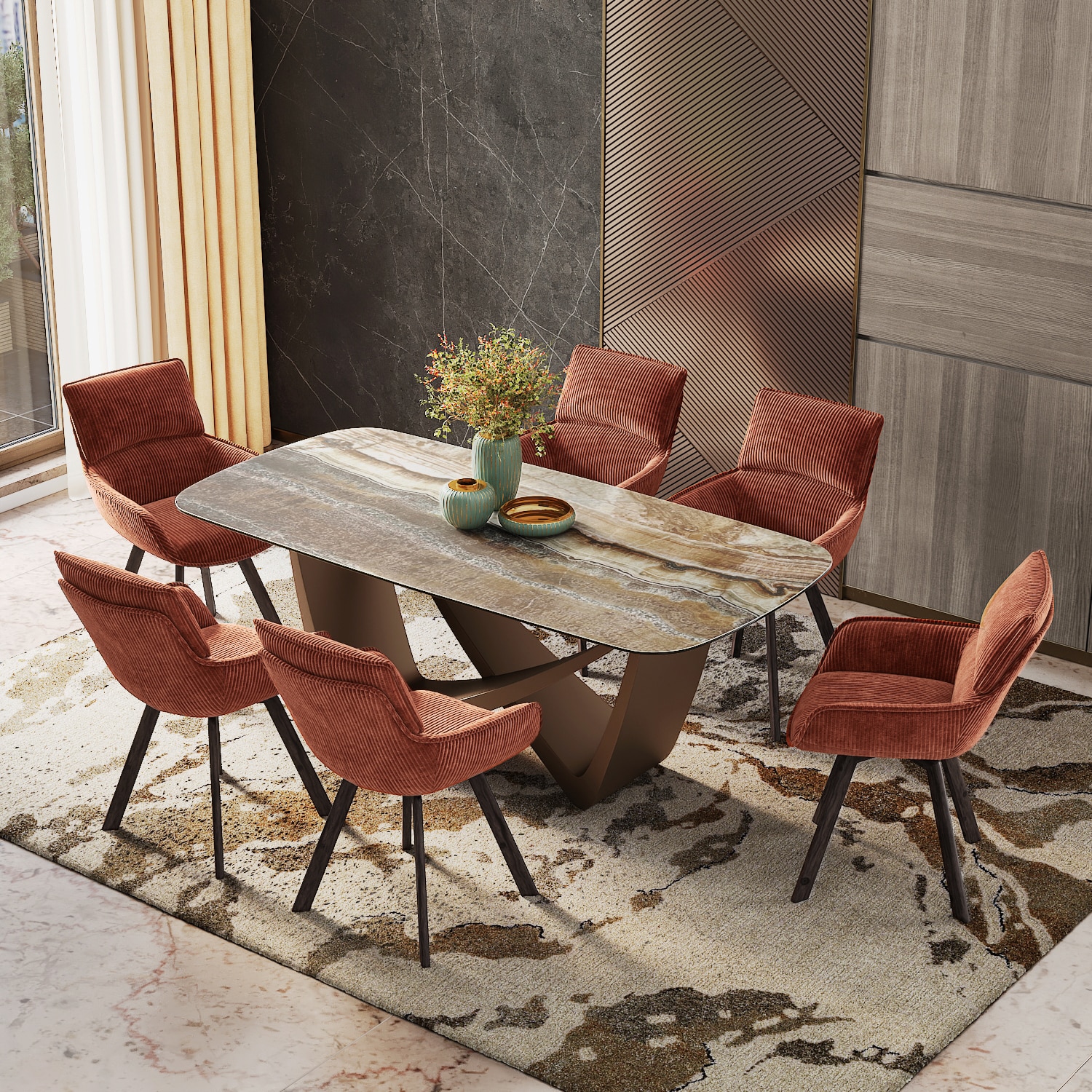 Paloma 6 Seater Jupiter Spanish Ceramic Dining Table With 6 Bren Dining Chairs (Finish : Jupiter Spanish Ceramic, Chair Colour : Auburn)