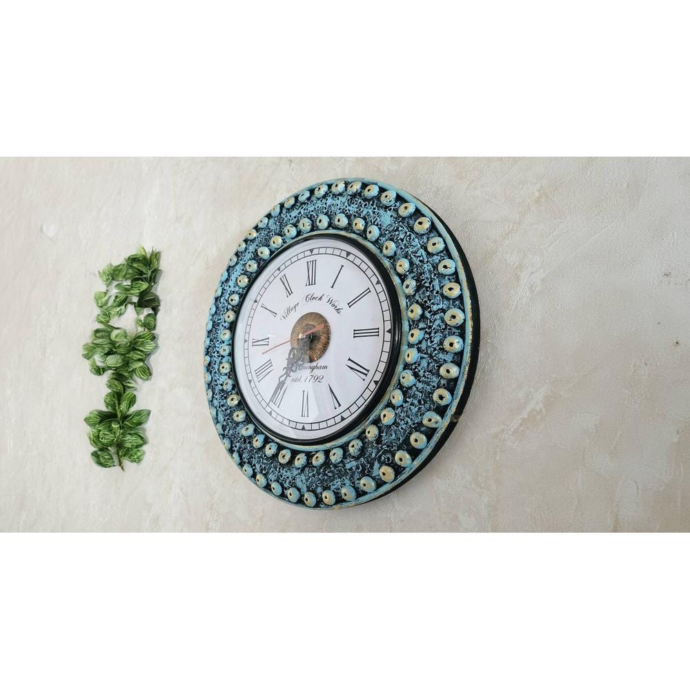 Lenoire Teal Colour Engineered Wood Distress Finish with Marble rings wall Clock by Disoo Fashions