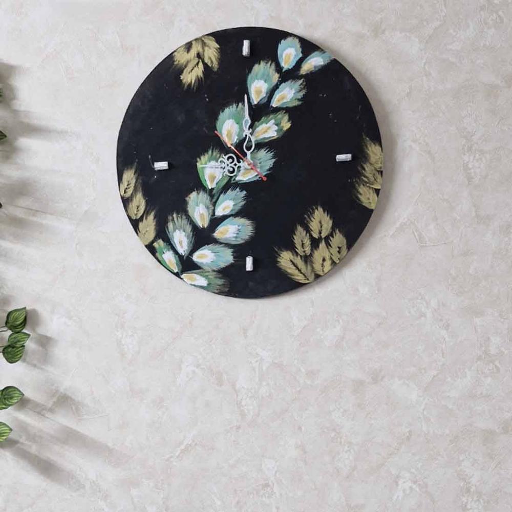 Ovolo Black Colour nEngineered Wood Handpained leaf vine wall clock by Disoo Fashions