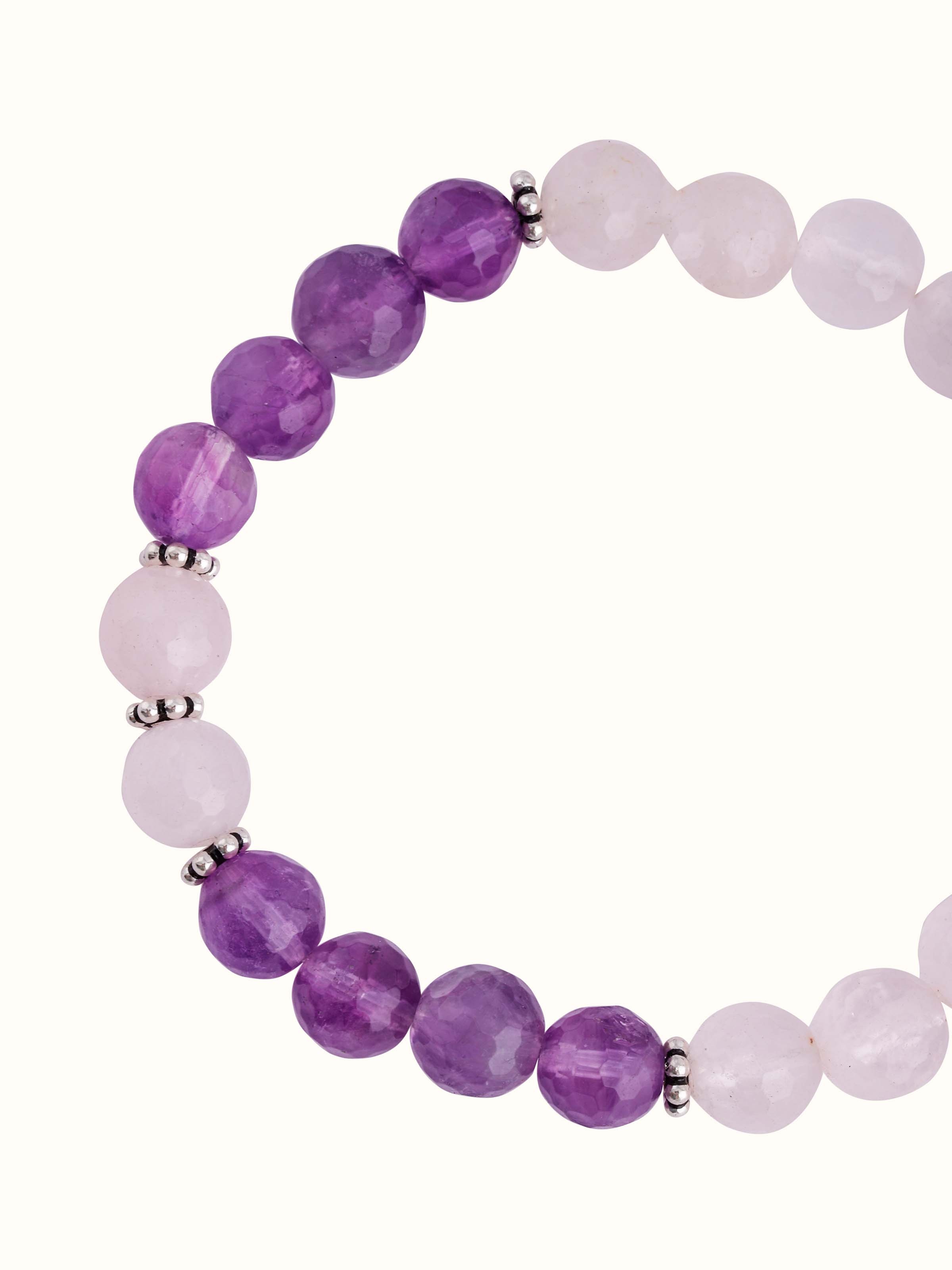 Top view of Amethyst & Rose Quartz Silver Bracelet focusing on the alternating amethyst and rose quartz layout