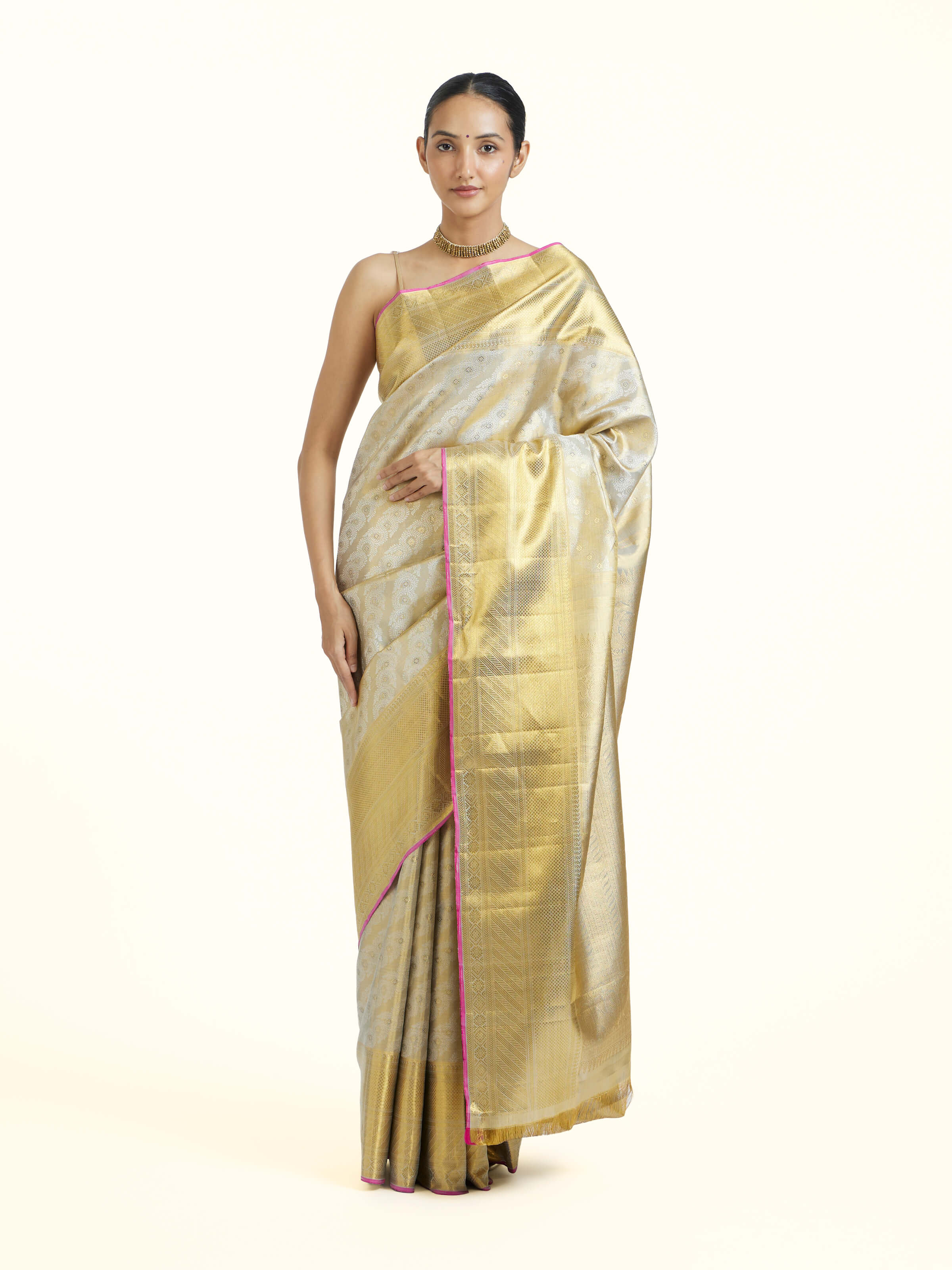 Beige Kancheepuram Silk Sari Zari Saree