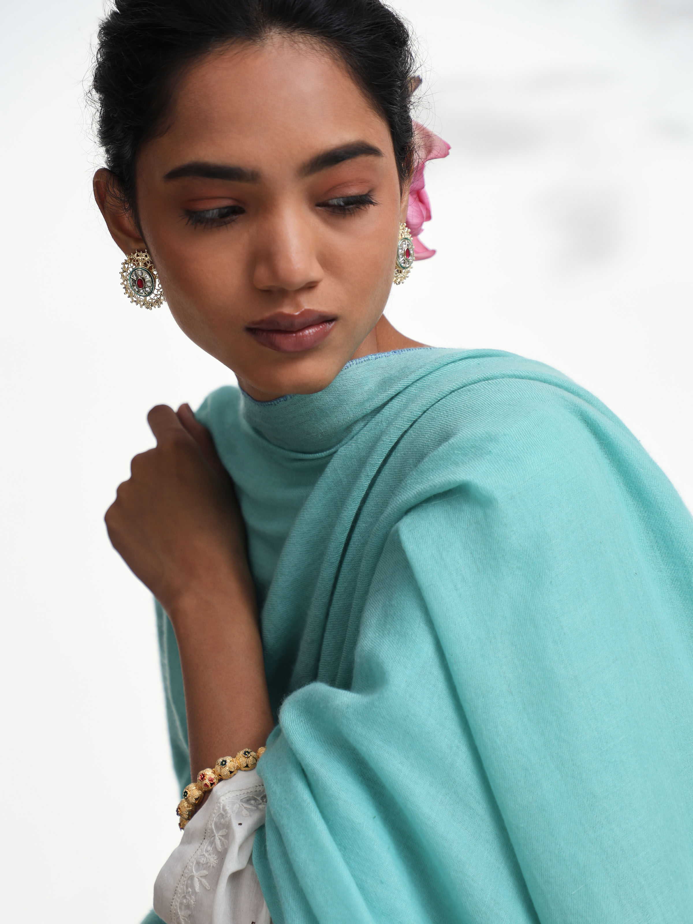 Sea Green Pashmina Kaaj Embroidered Shawl