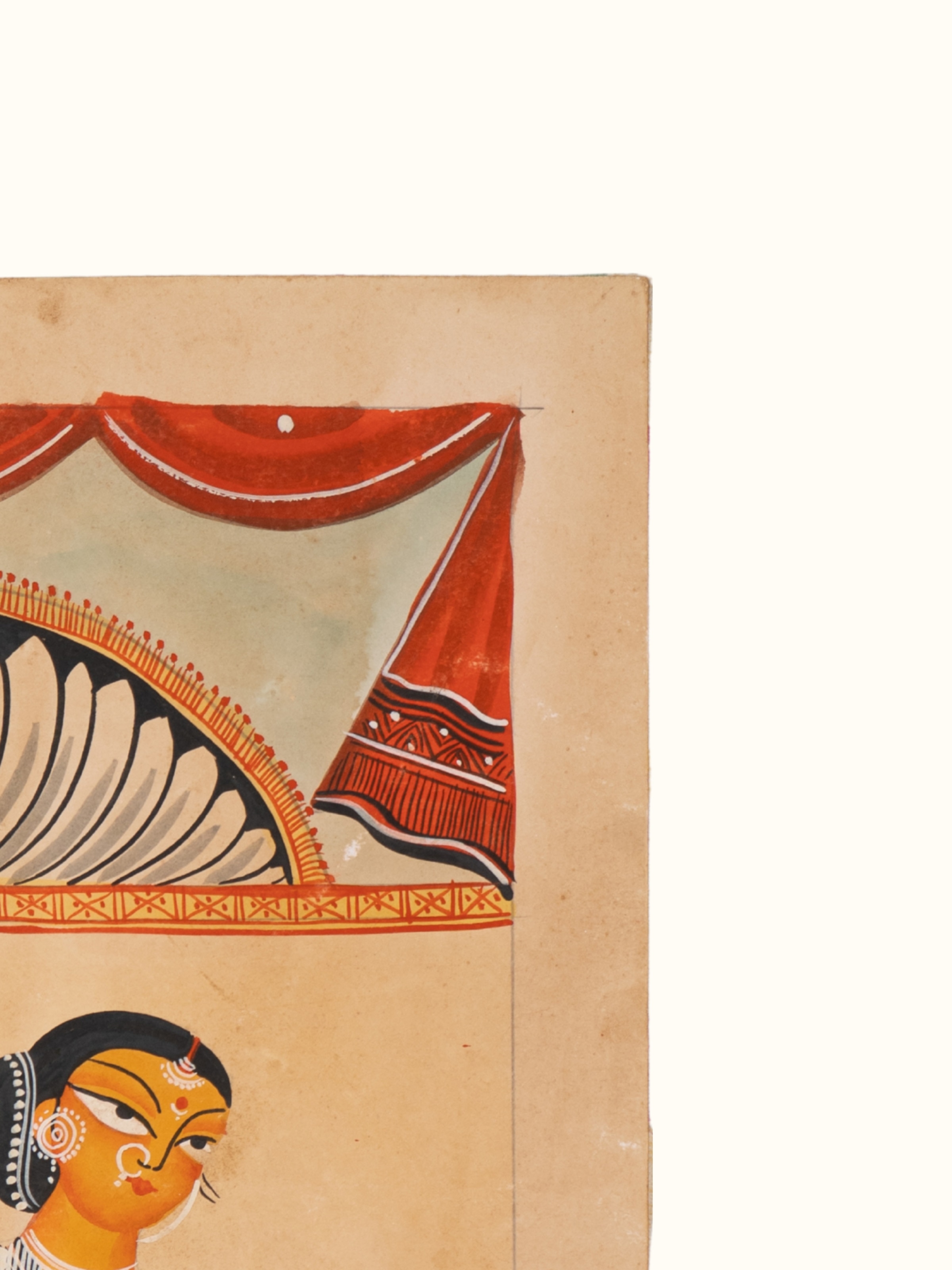 Side detail view of Babu culture Kalighat folk art painting texture