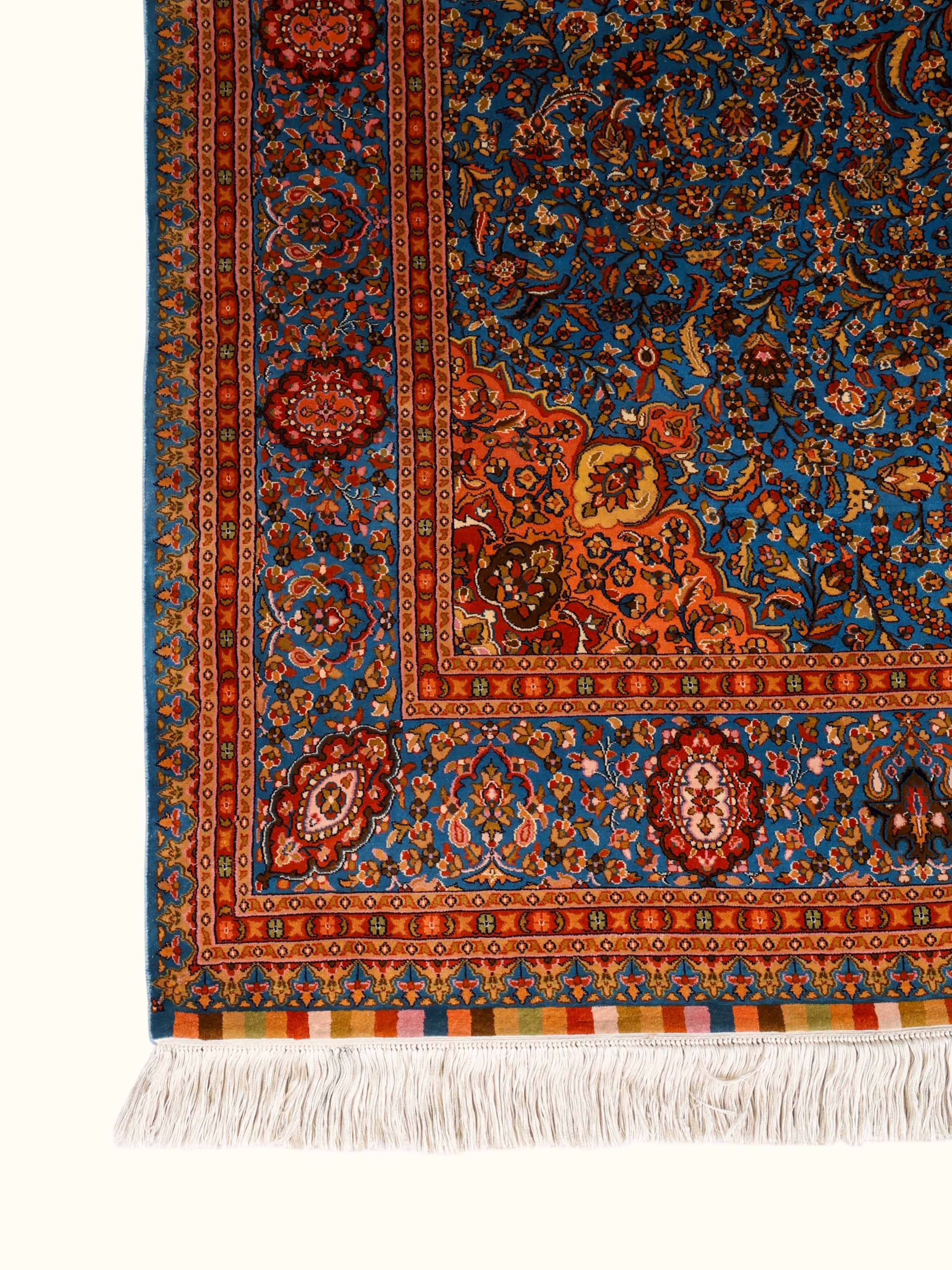 Traditional Persian Azure Rust Isfahan Kashmir Silk Hand-Knotted Carpet