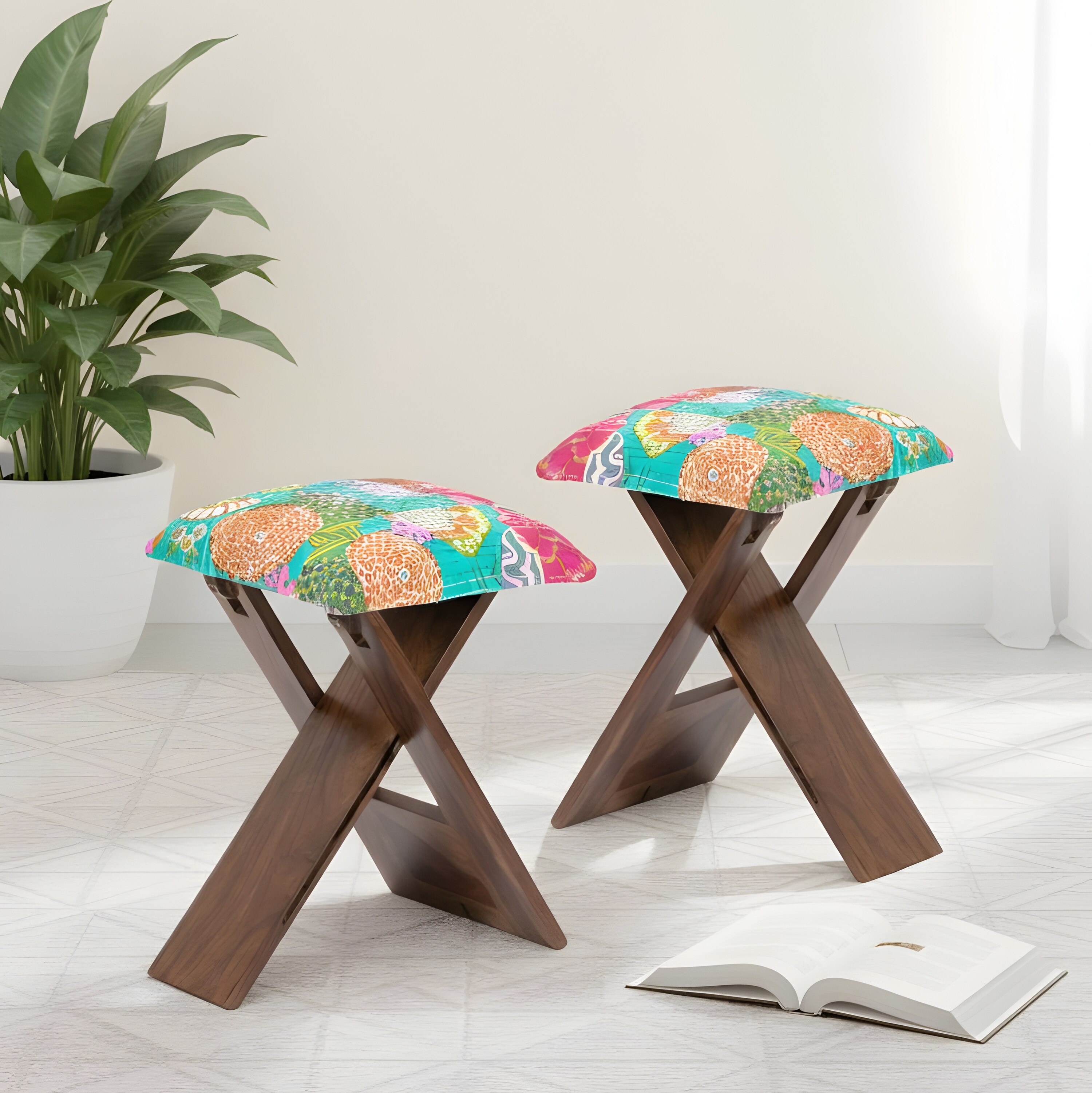 Dayton Sheesham Wood Mid Century Square Set of 2   Stools in Sea Green Fruit Print Kantha Upholstery