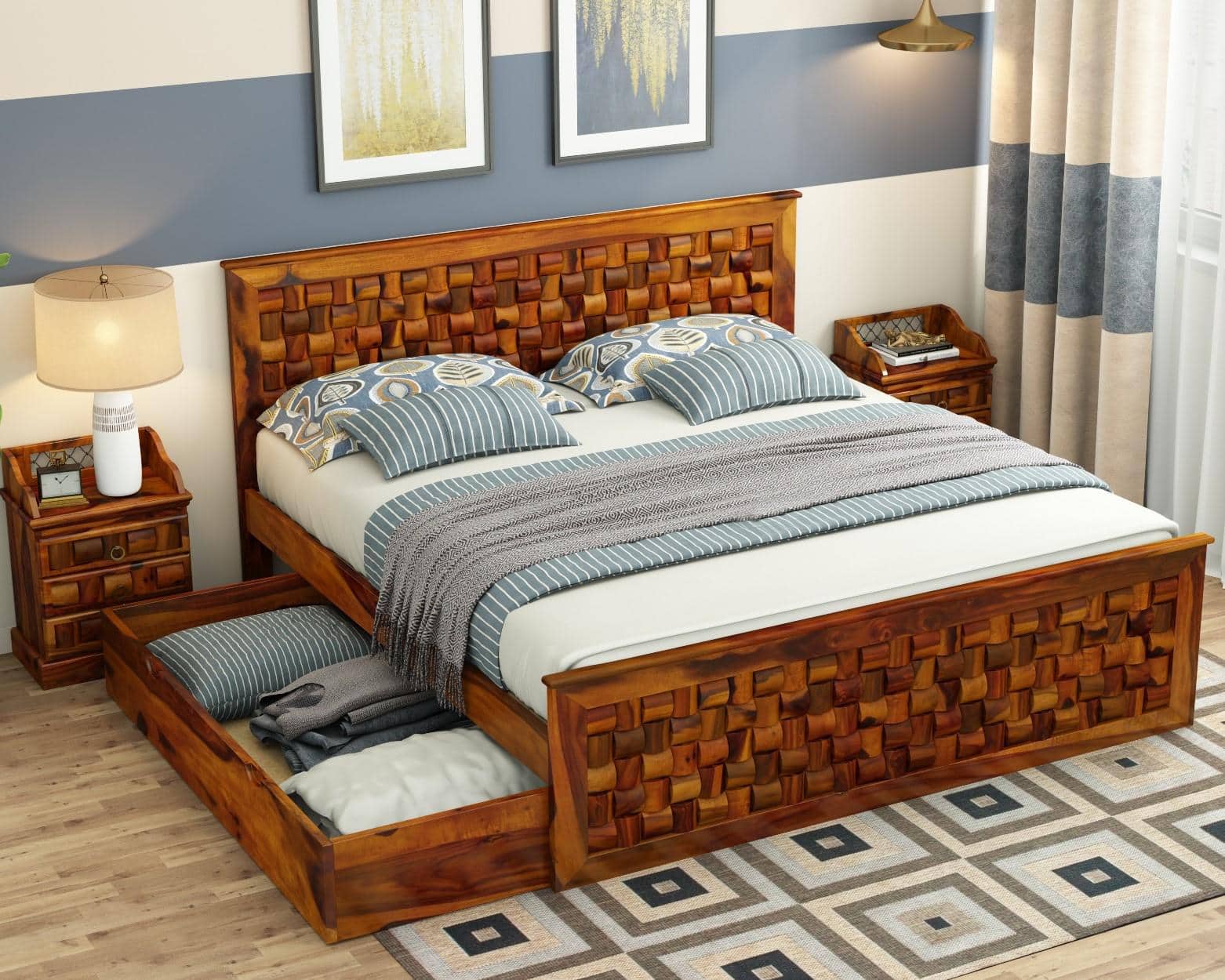 Moglis Solid Wood Queen  Size Bed With Drawer Storage Bed In Honey Oak Finish