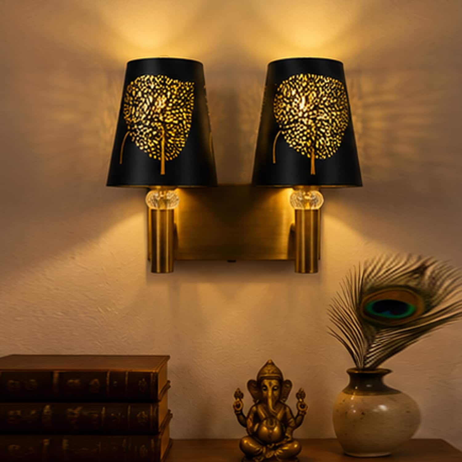 Devansh Metal Electric Wall Light in Gold Colour with off-white Shade Count of 1 Light