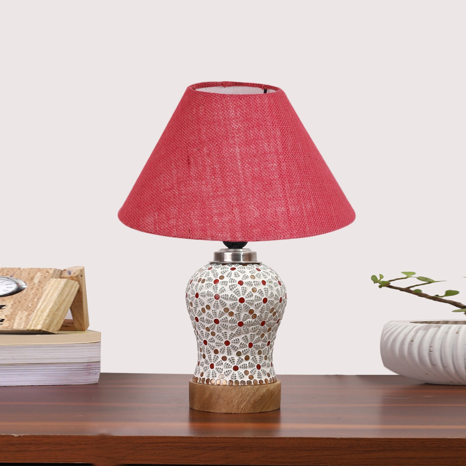 Devansh Conical Pink Jute Shade Lamp With Wood & Mosaic Glass Base For Decoration/Office/Home/Gifting/Study For Decoration/Office/Home/Gifting/Study -(10X10X14.5) Inches -A - Devansh