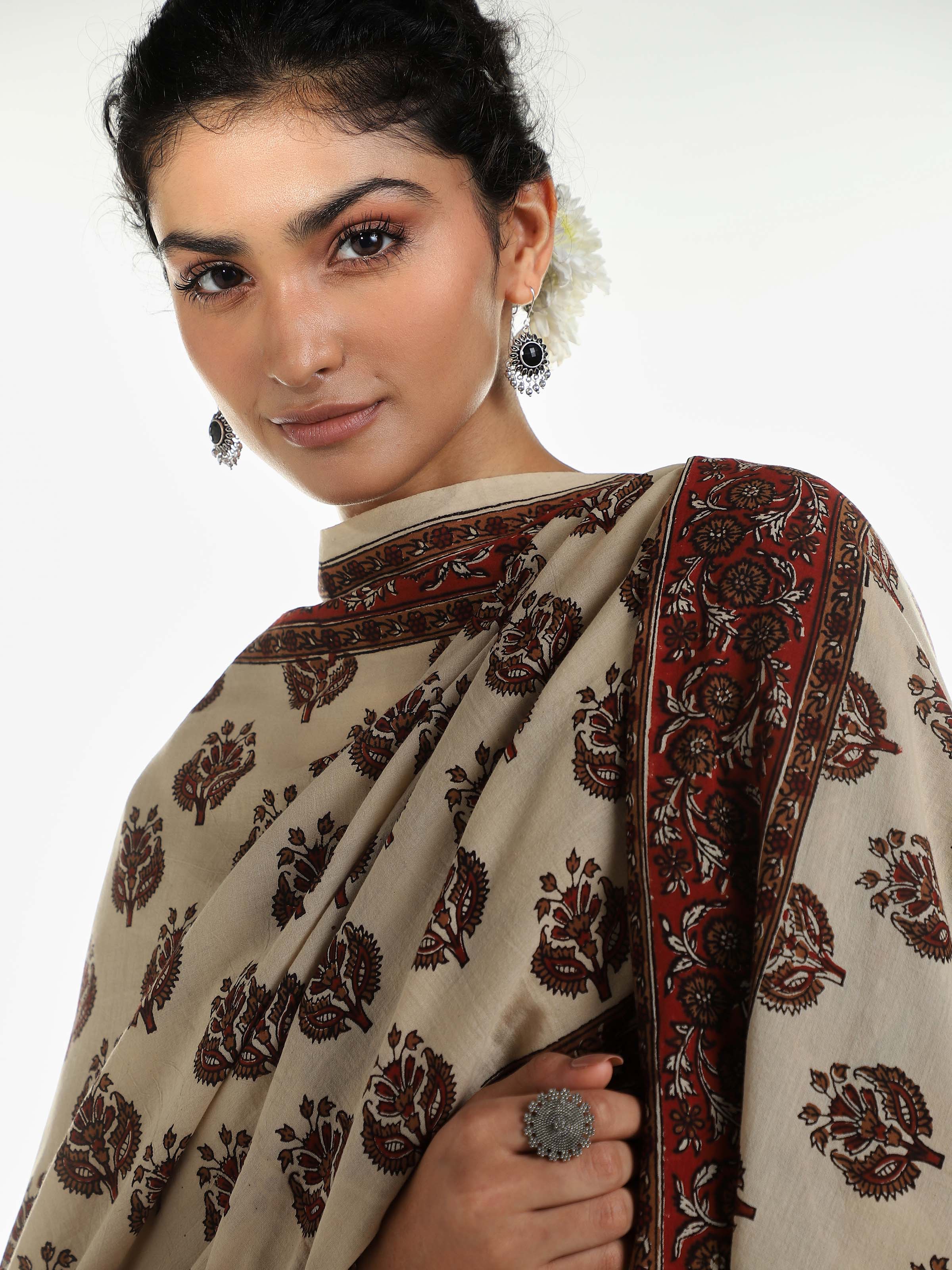 Beige Cotton Bagru Block Printed Dupatta