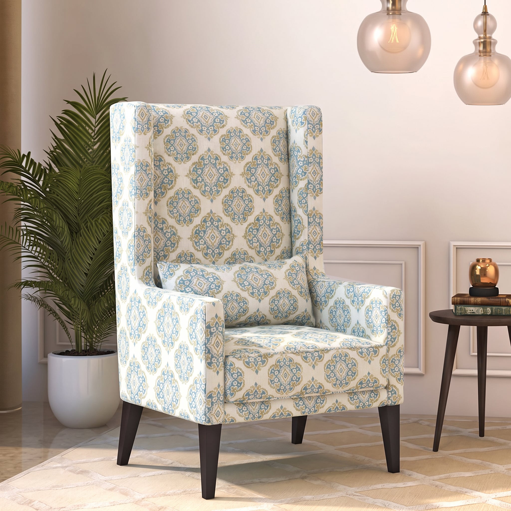 Morgen Lounge Chair in Aqua Fleur Damask Colour - Urban Ladder