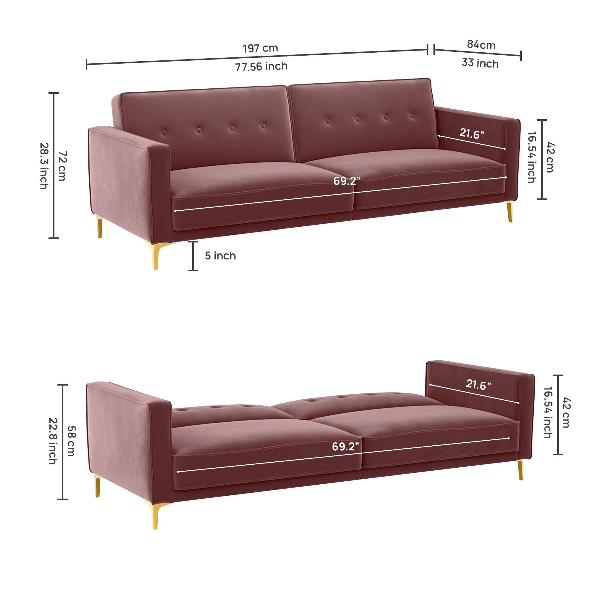 Calisa 3 Seater Velvet Sofa Cum Bed in Pink colour