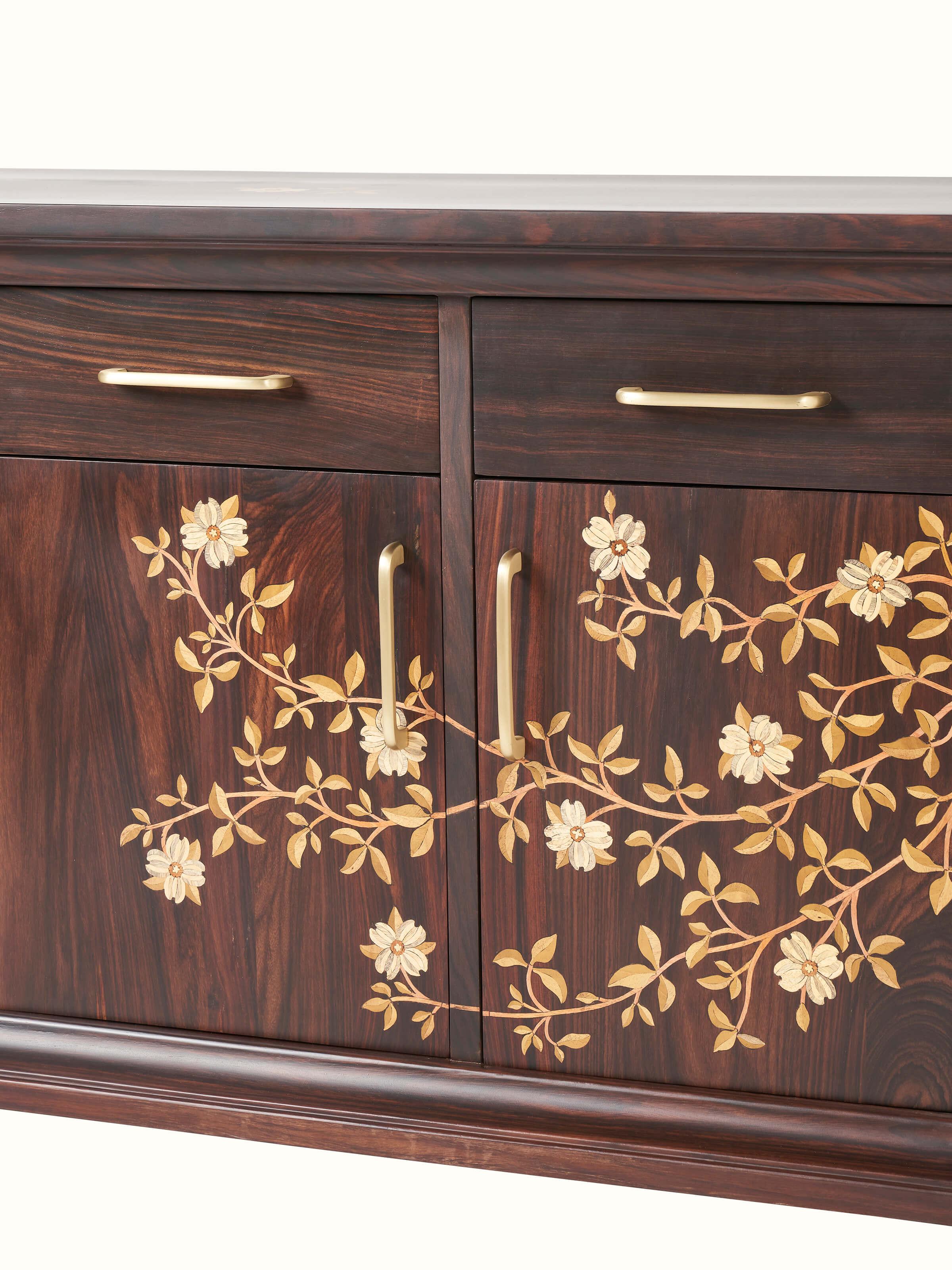 Front view of sideboard with open doors, highlighting the interior space and rosewood detailing.