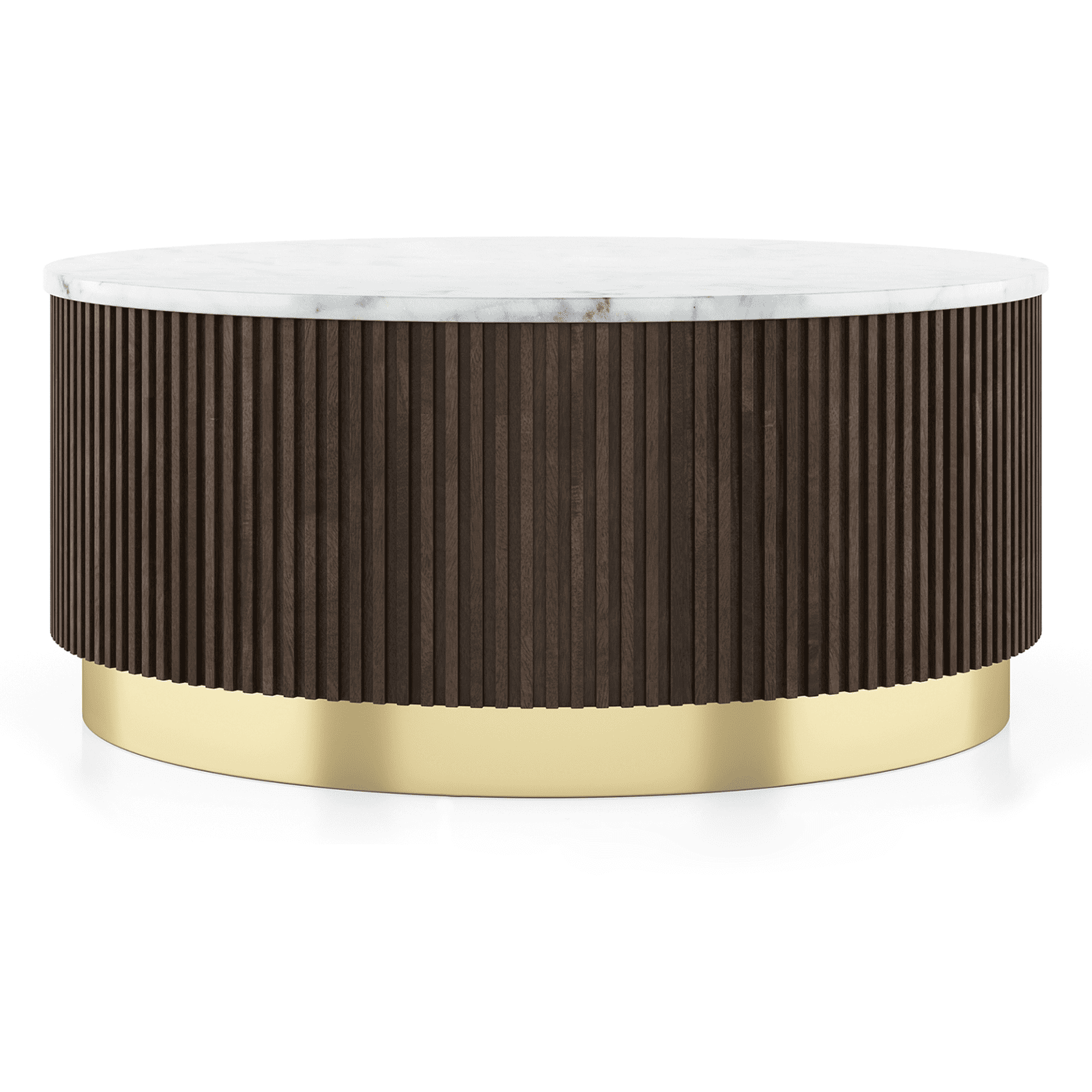 Aurora Round White Marble And Solid Wood Coffee Table In Java Walnut Finish