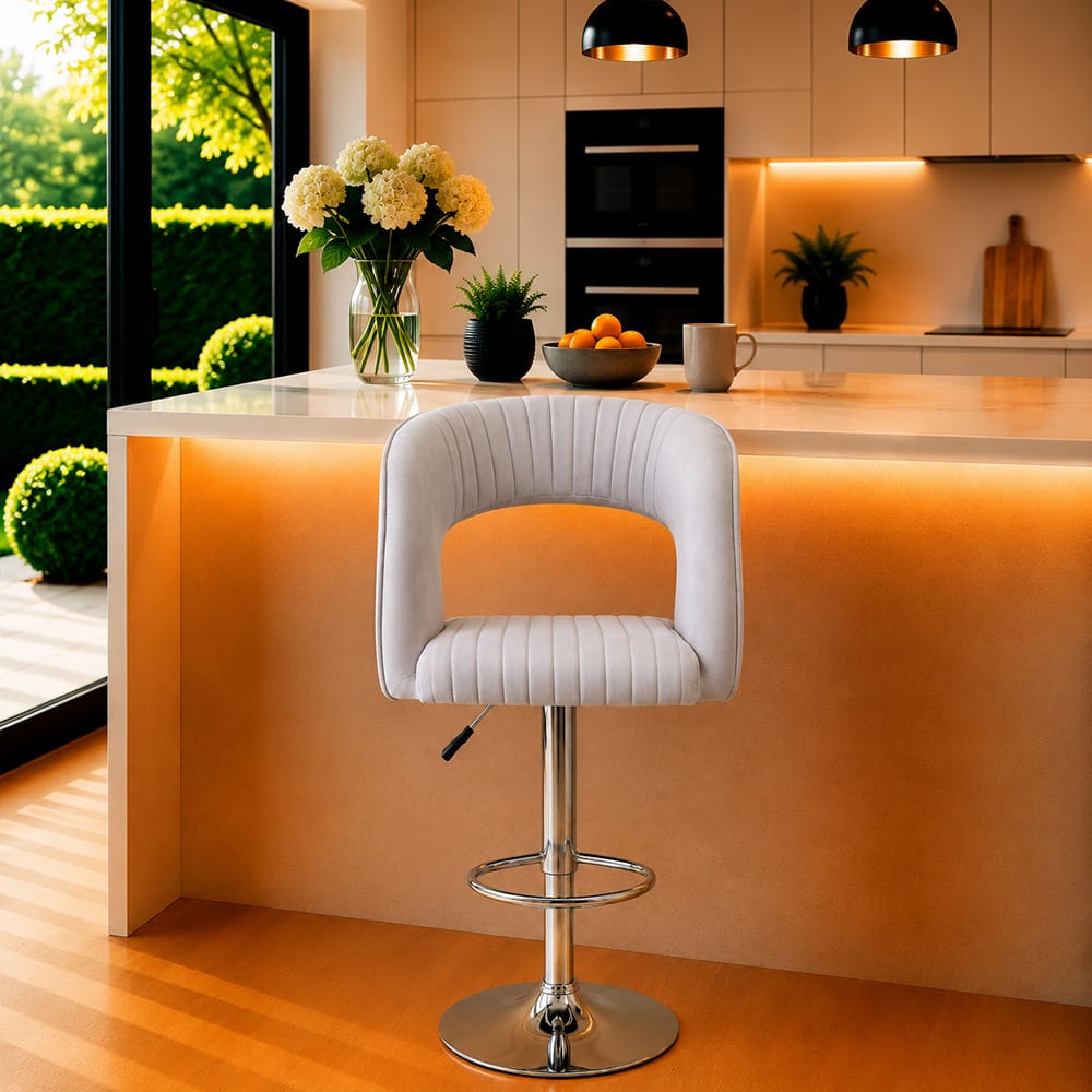 Doe Buck Adjustable Upholstered Bar Stool in Grey Colour with Chrome Base - Doe Buck