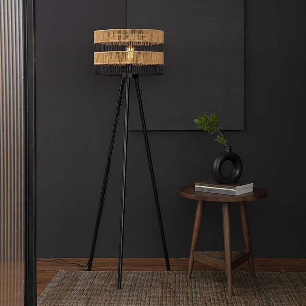 Dixie Natural Floor Lamp With Black Iron Base