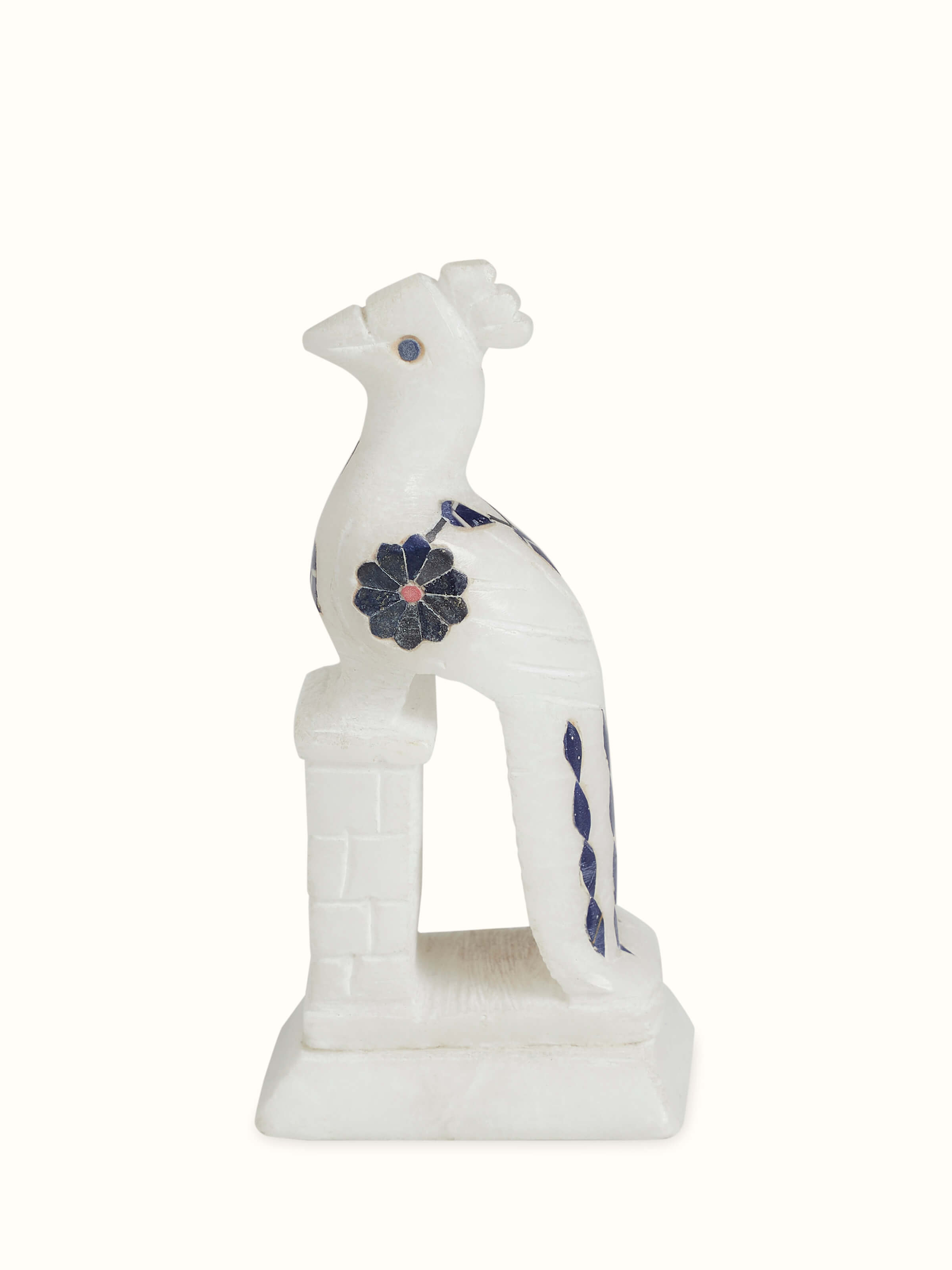Handcrafted Pacchikari marble peacock statue with floral inlay – front view
