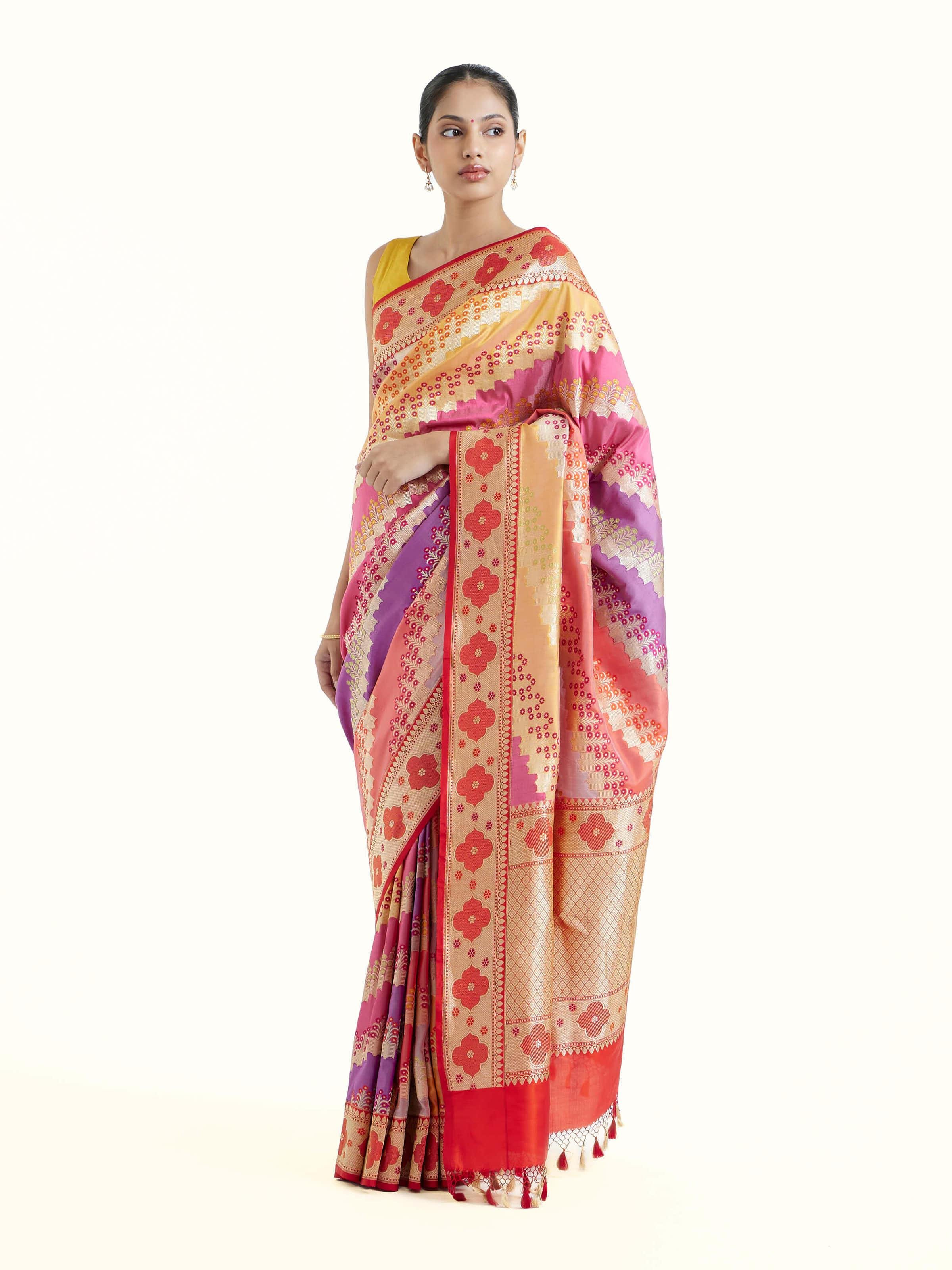 Side view of silk rangkat Banarasi saree highlighting elegant drape and lustrous silk texture