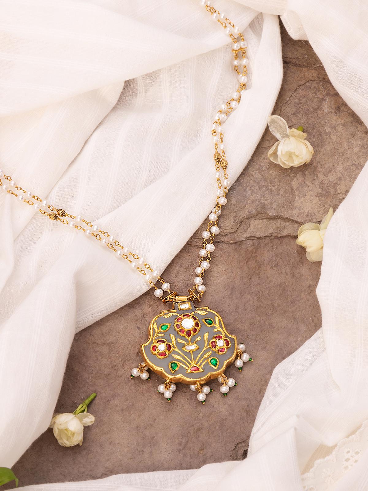Side view of Stone Inlay 22 Karat Gold Collar Necklace by Swadesh highlighting the inlaid stones and the refined gold collar design
