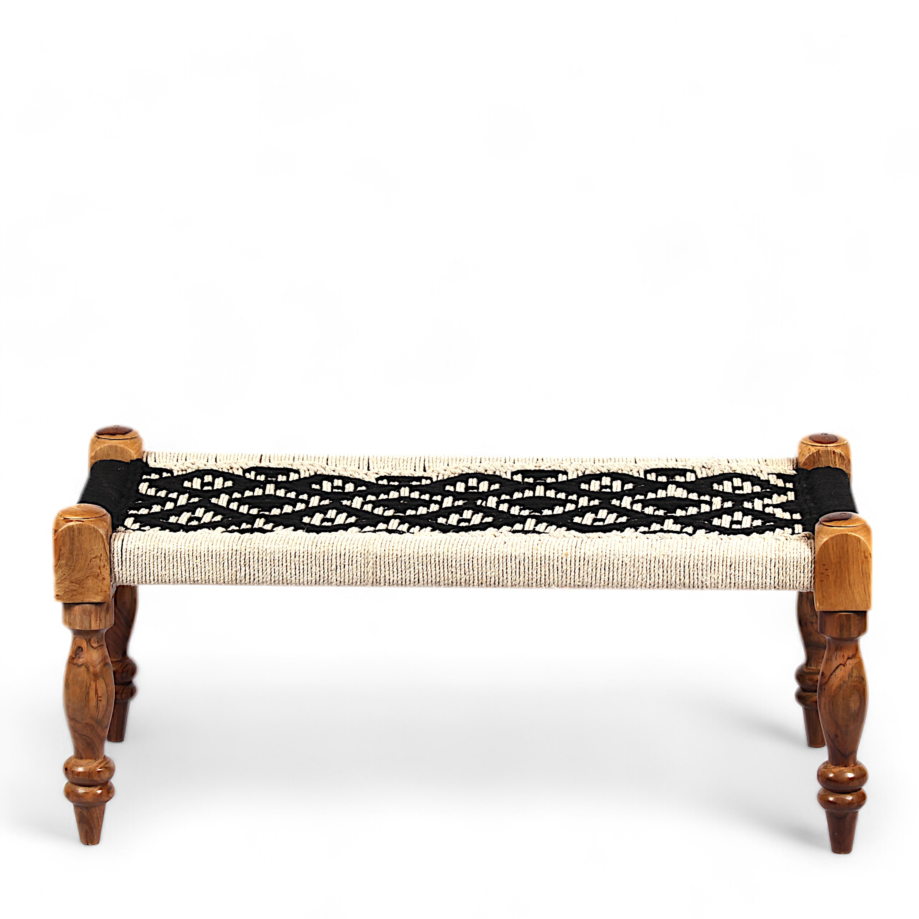 Oakville Sheesham Wood 2 Seater Maachi Bench In Black & White Rope Canning