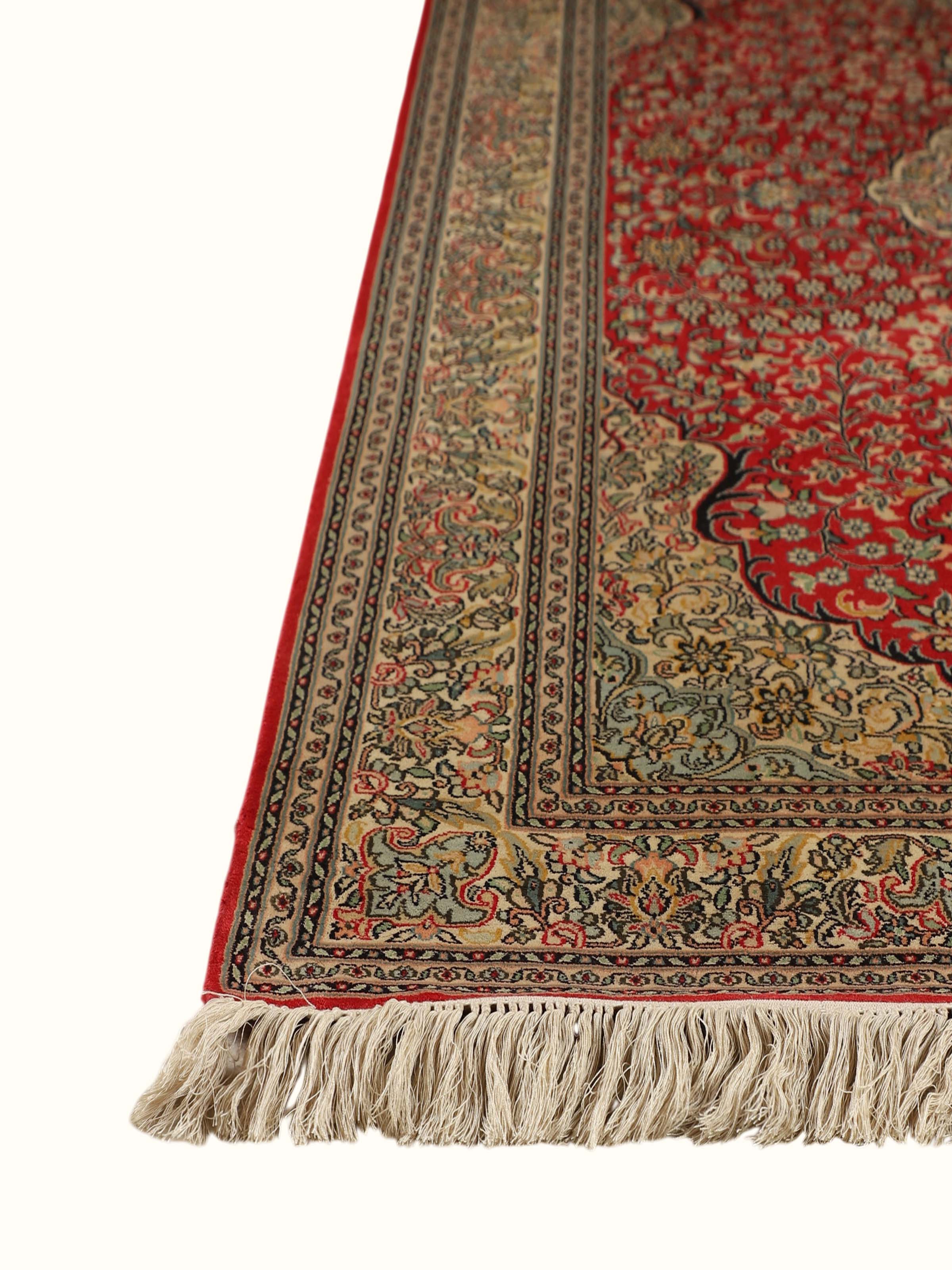 Traditional Persian Red Ivory Kashan Kashmir Silk Hand-Knotted Carpet