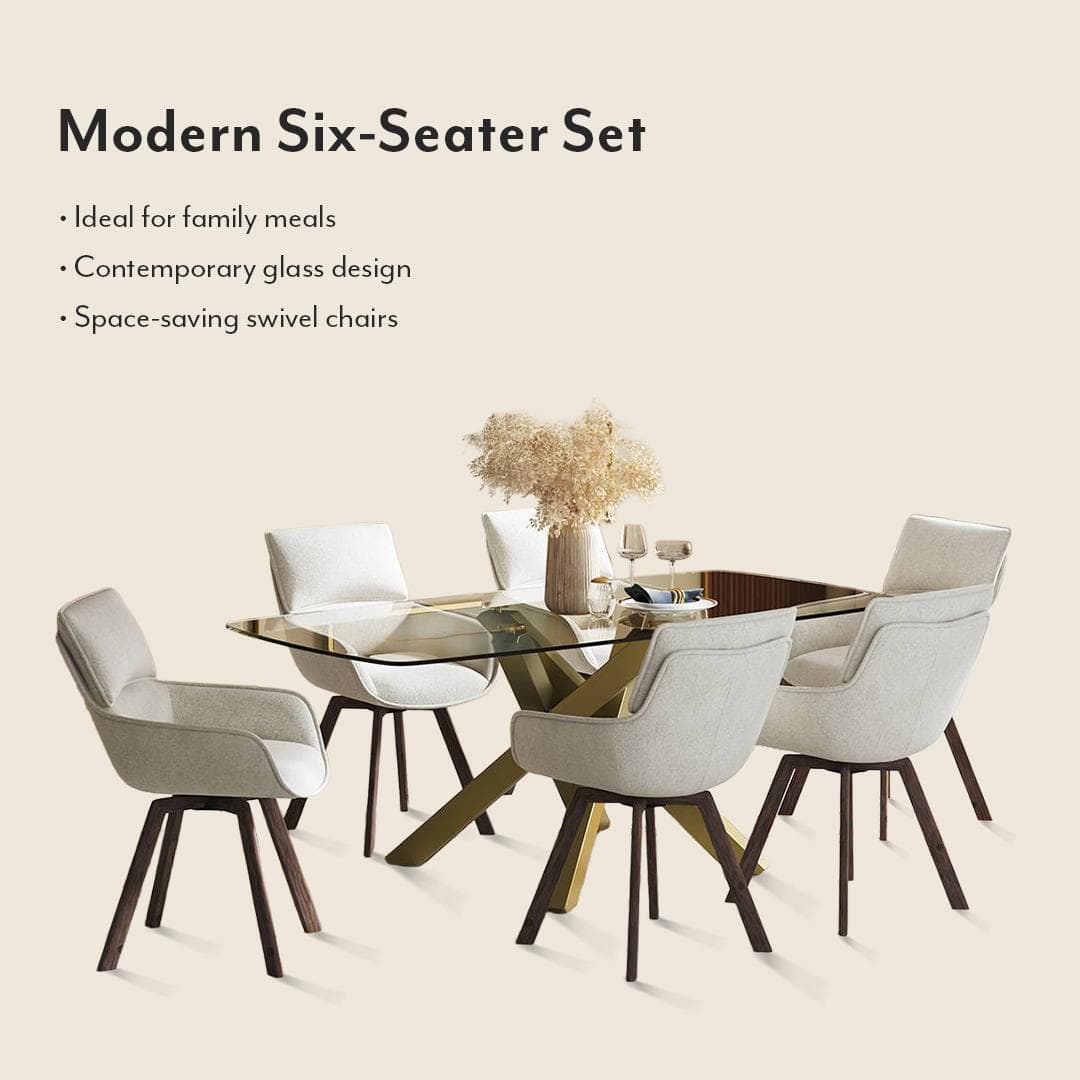 Zaida 6 Seater Dining Table With Set Of 6 Bren Swivel Dining Chairs (Colour- Ivory, Finish- Glass)