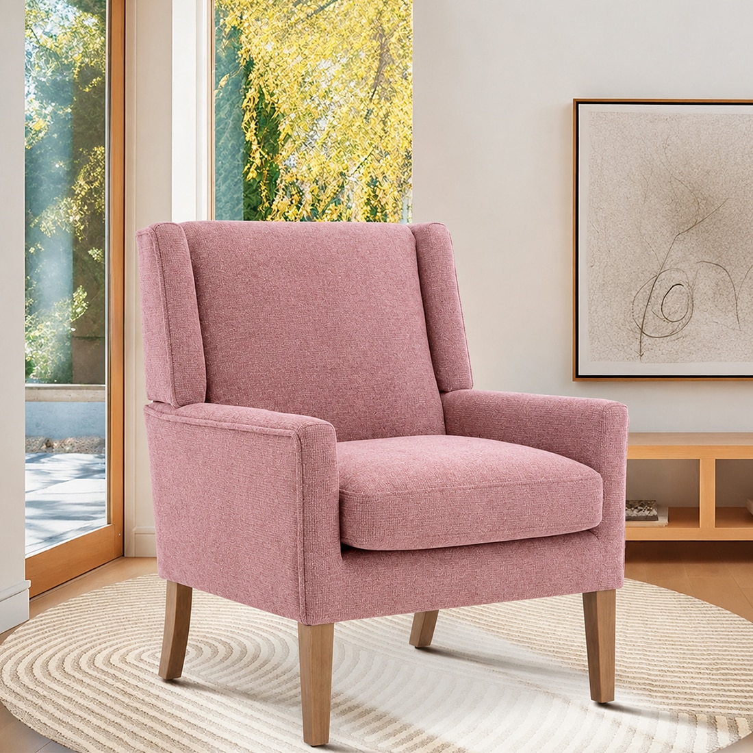 Leston Boucle Fabric Lounge Chair in Pink Colour - KURSIWALLAH