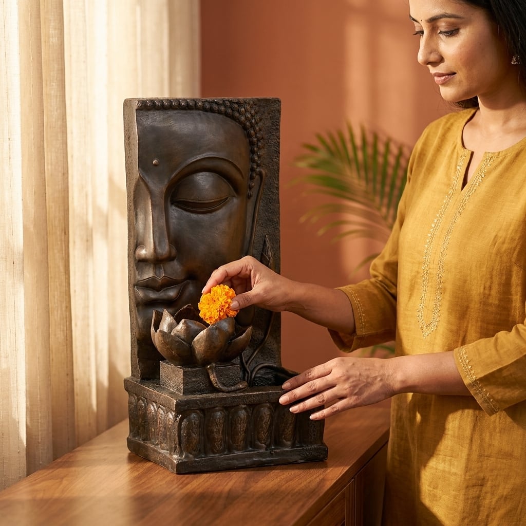 Water Fountain Lotus Buddha Serenity Water Fountain in Dark Brown Colour - Vedas