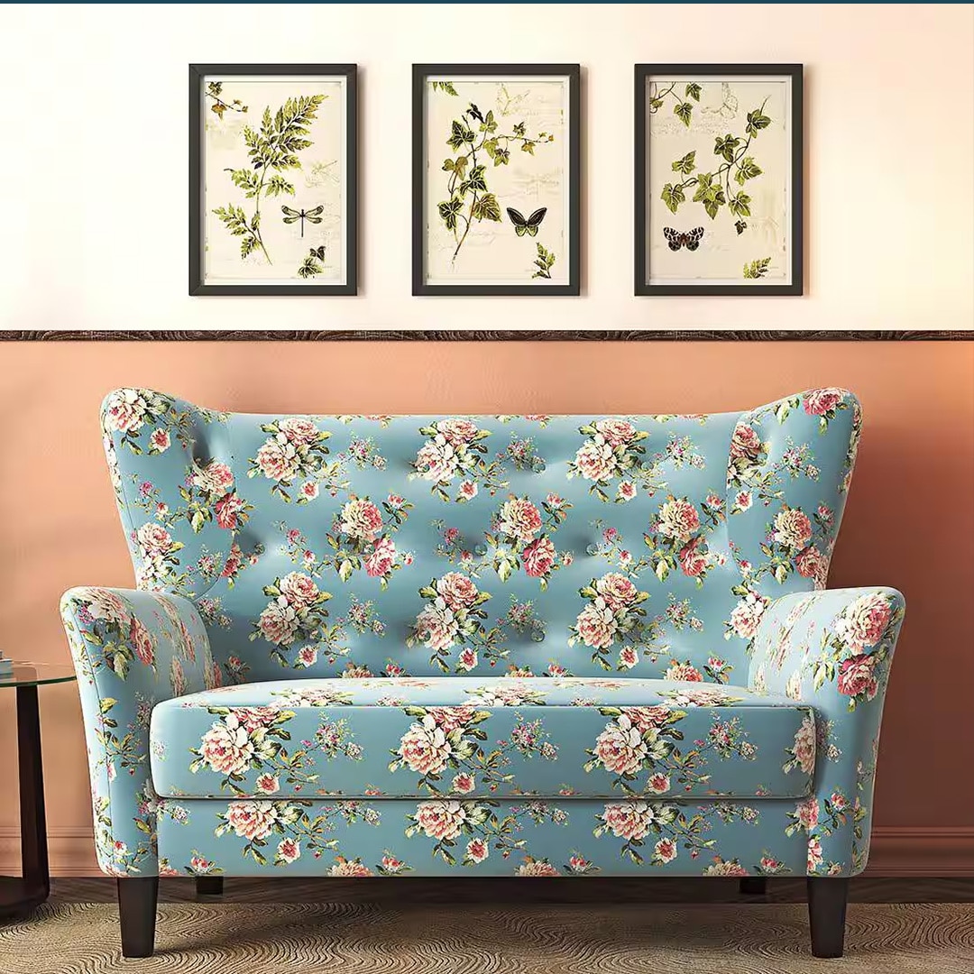 Frida 2 Seater Fabric Loveseat In Dusty Teal Floral Colour