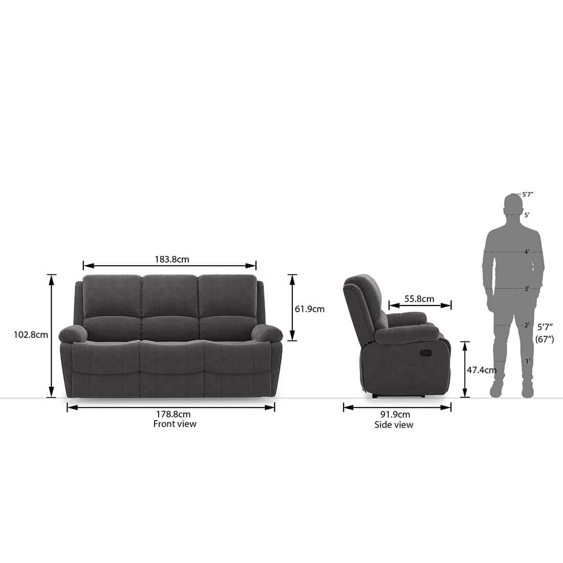 Lebowski Fabric Three Seater Manual Recliner in Smoke Fabric Colour