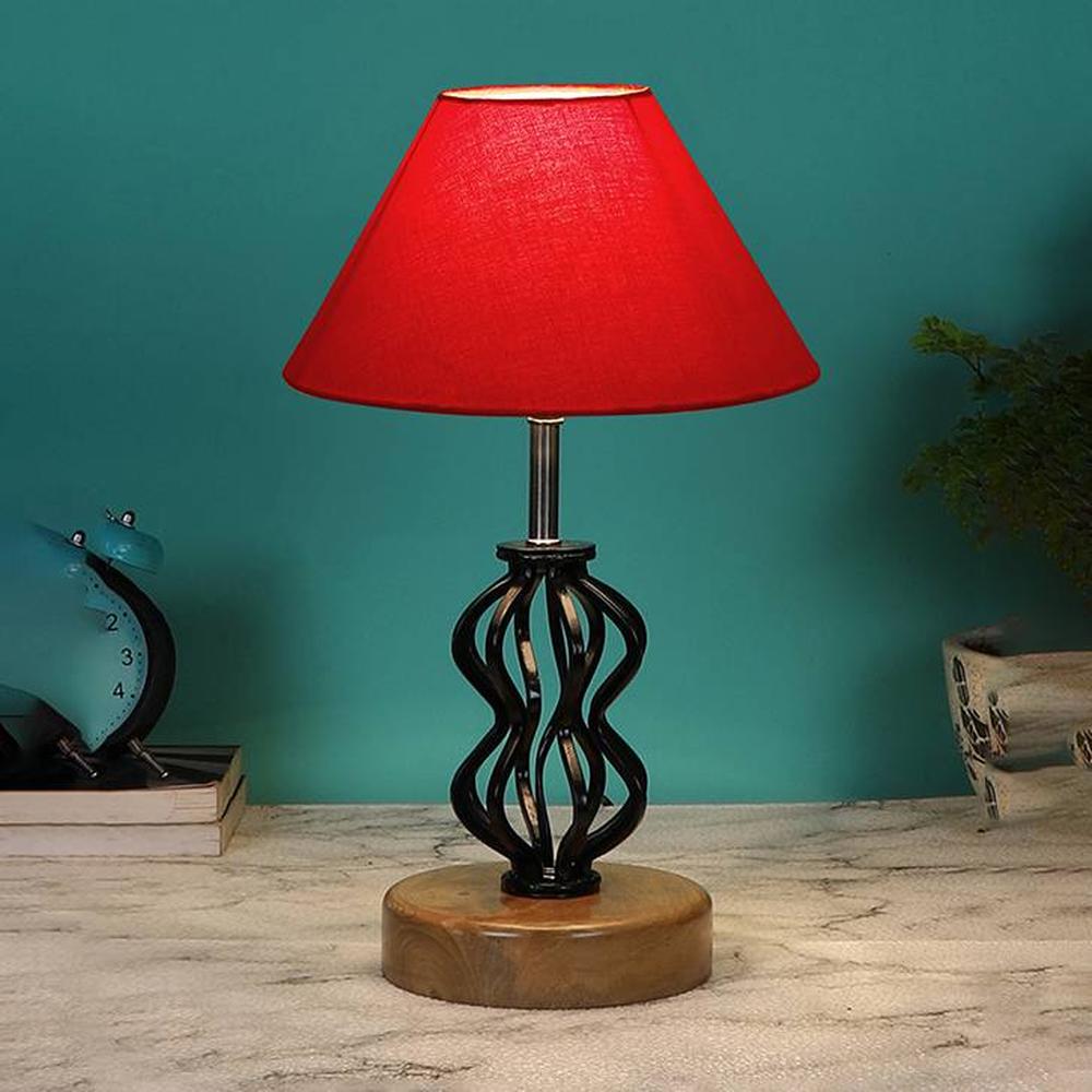 Amiyah Red cotton Table lamp with Wood & Iron Base - Devansh