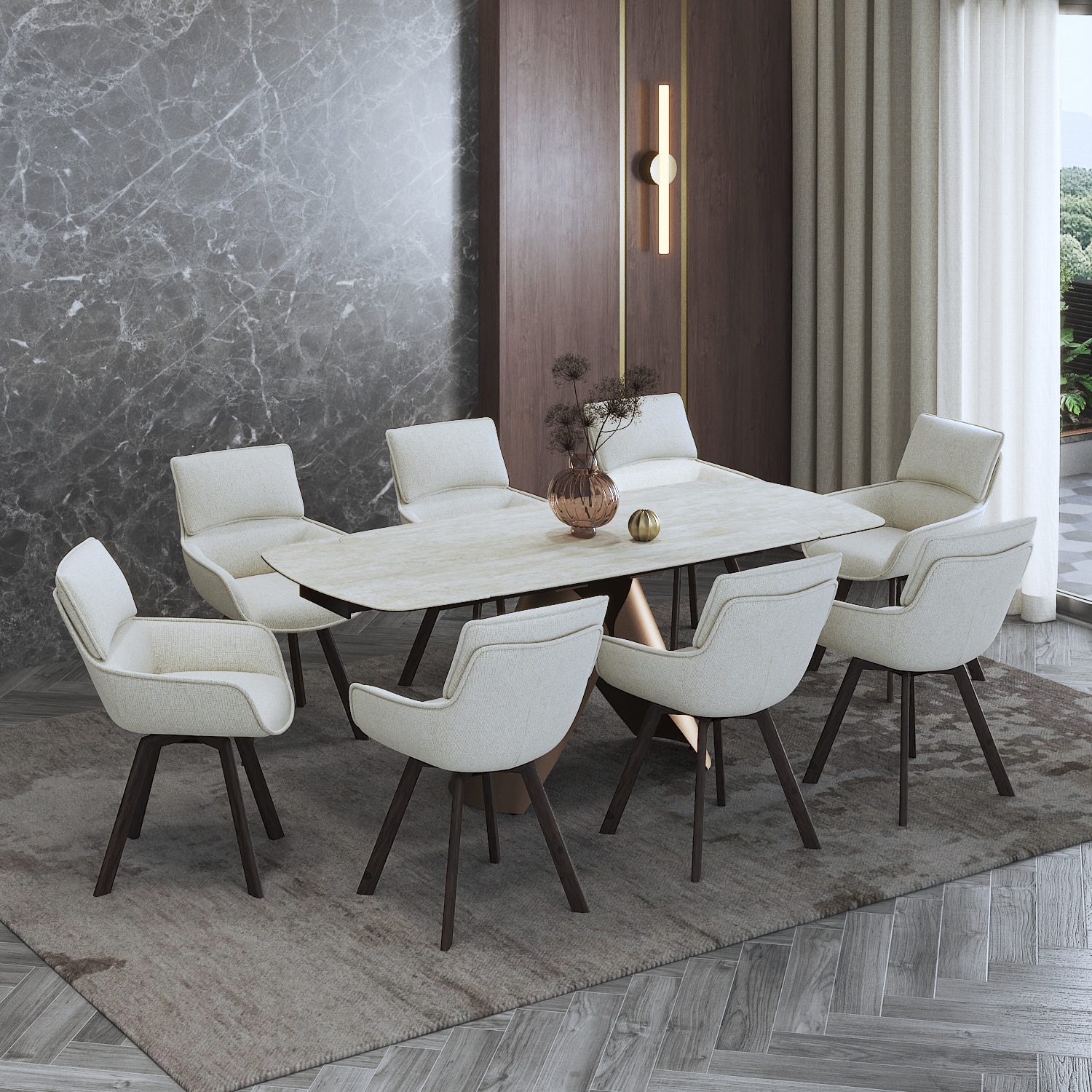 Aeris Ceramic 6 to 8 Seater Extendable Dining Table With Bren Dining Chair