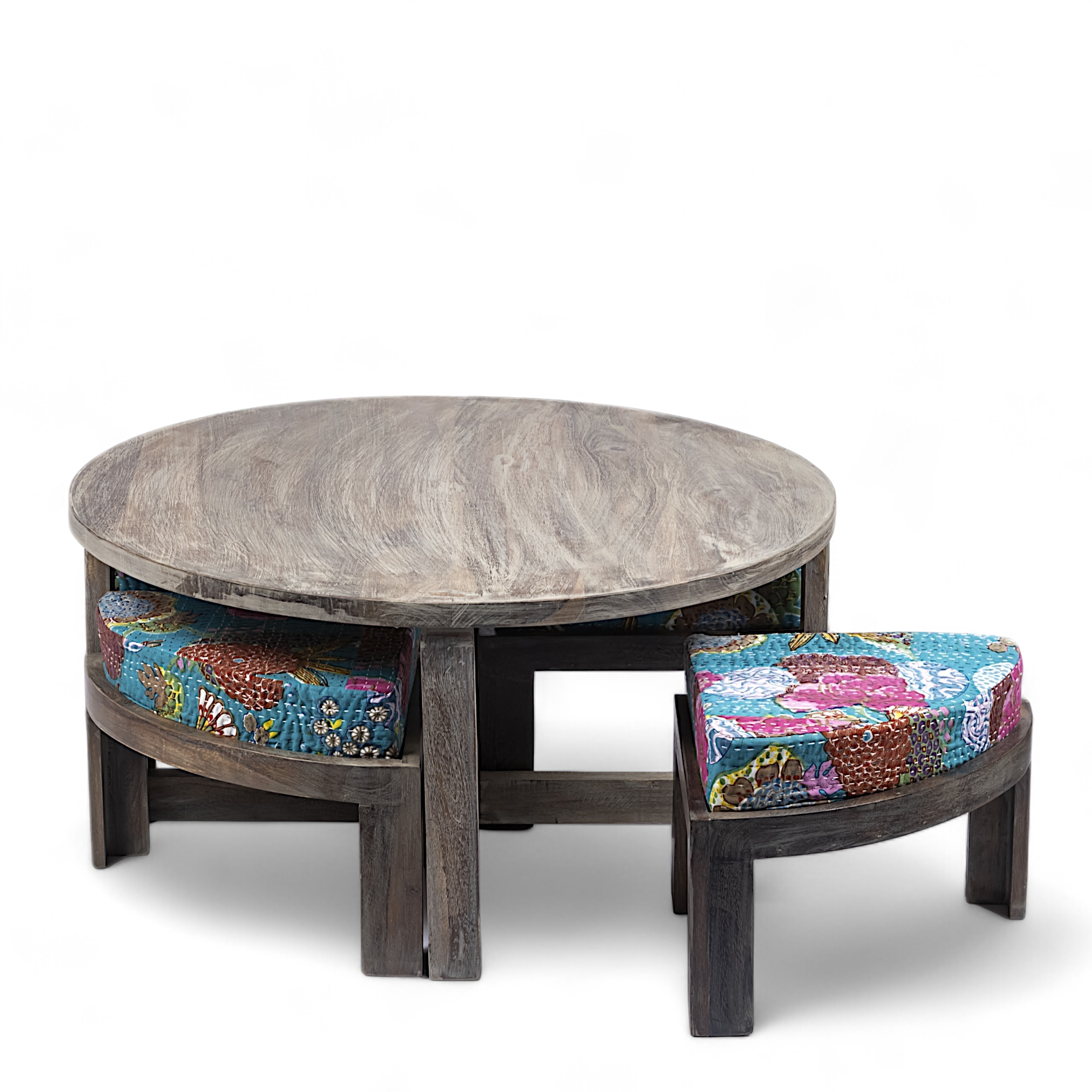 Nashville Sheesham Wood 4 Seater Coffee Table Set In Antique Grey Finish Floral Print Green Kantha Cushion