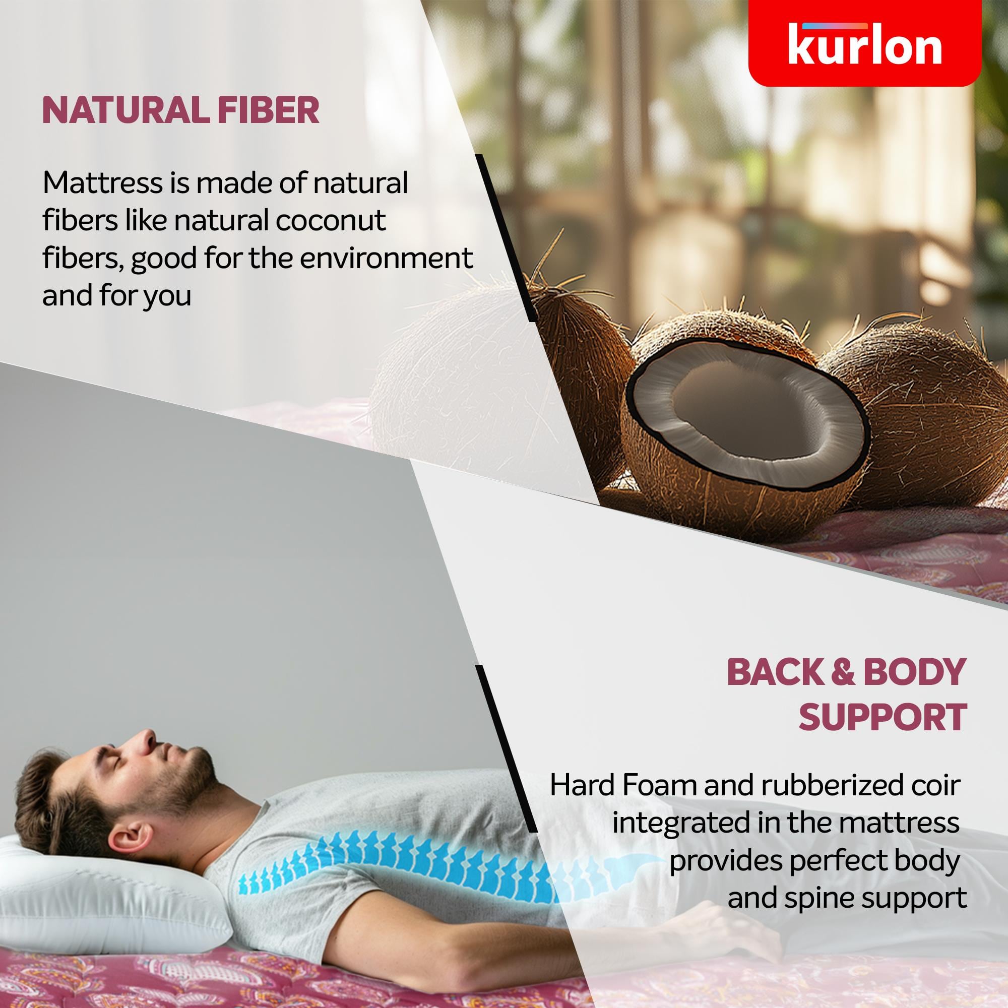 KURLON Natural Rubberized Coir, Medium Firm Support 5 inch Single Coir Mattress (L x W: 75 inch x 42 inch)