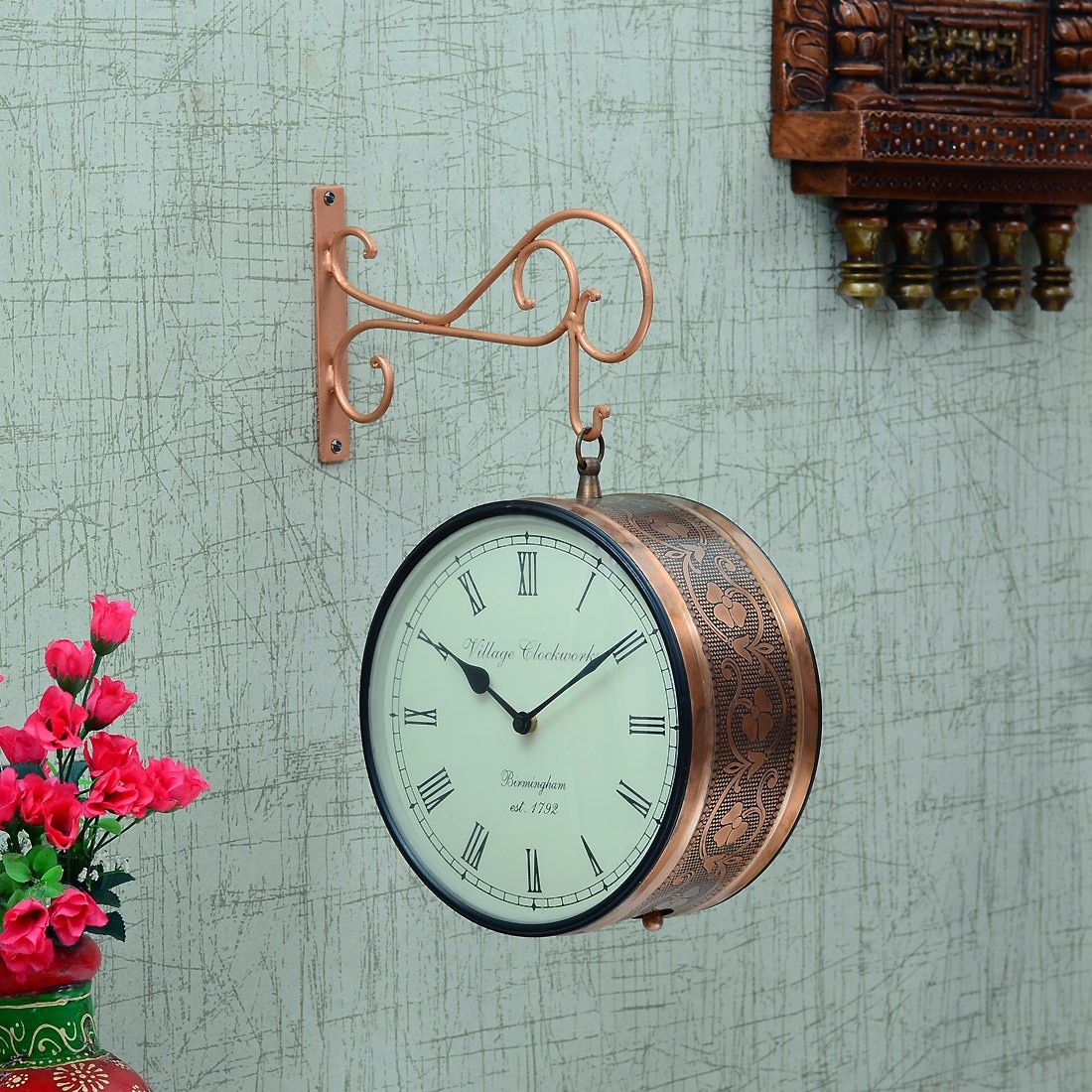 Metal Copper Finish Decorative Wall Hanging Railway Clock Showpiece By Craft Tree
