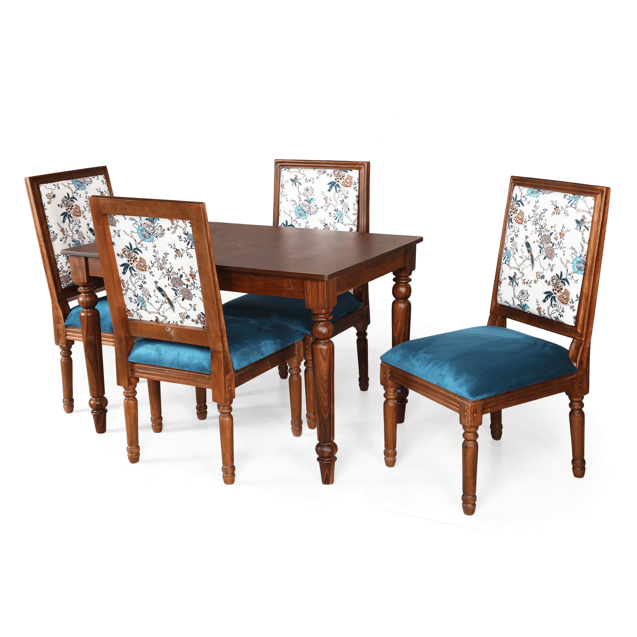 Globally Indian Sheesham Wood 4 Turning Leg Seater Dining Table Set With Upholstered Chairs – Wooden Dining Room Furniture For Home"