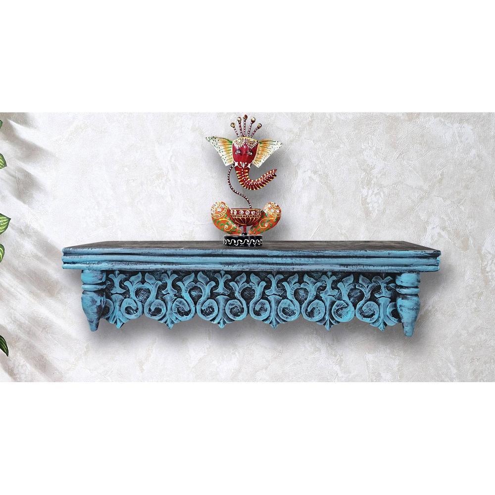 Favro Teal Colour Solid Wood Handcarved Floating Wall shelf