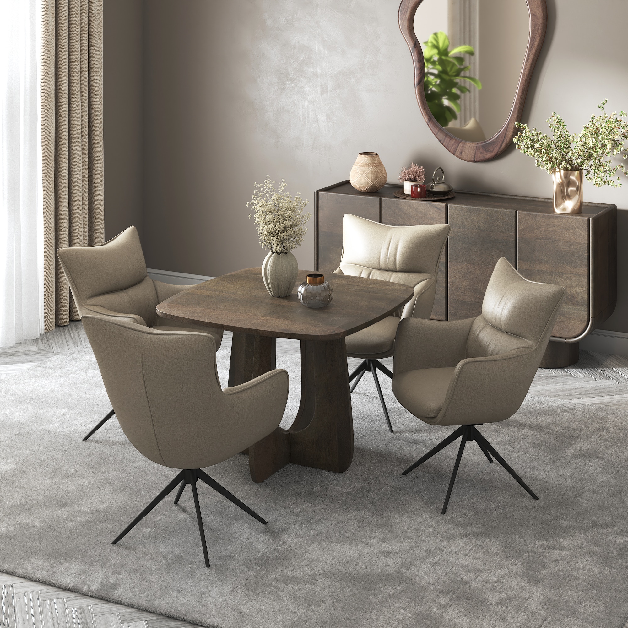 Aero Solid Wood 4 Seater Dining Table With 4 Beck Dining Chairs (Finish : Danish Walnut, Chair Colour : Taupe Leatherette)