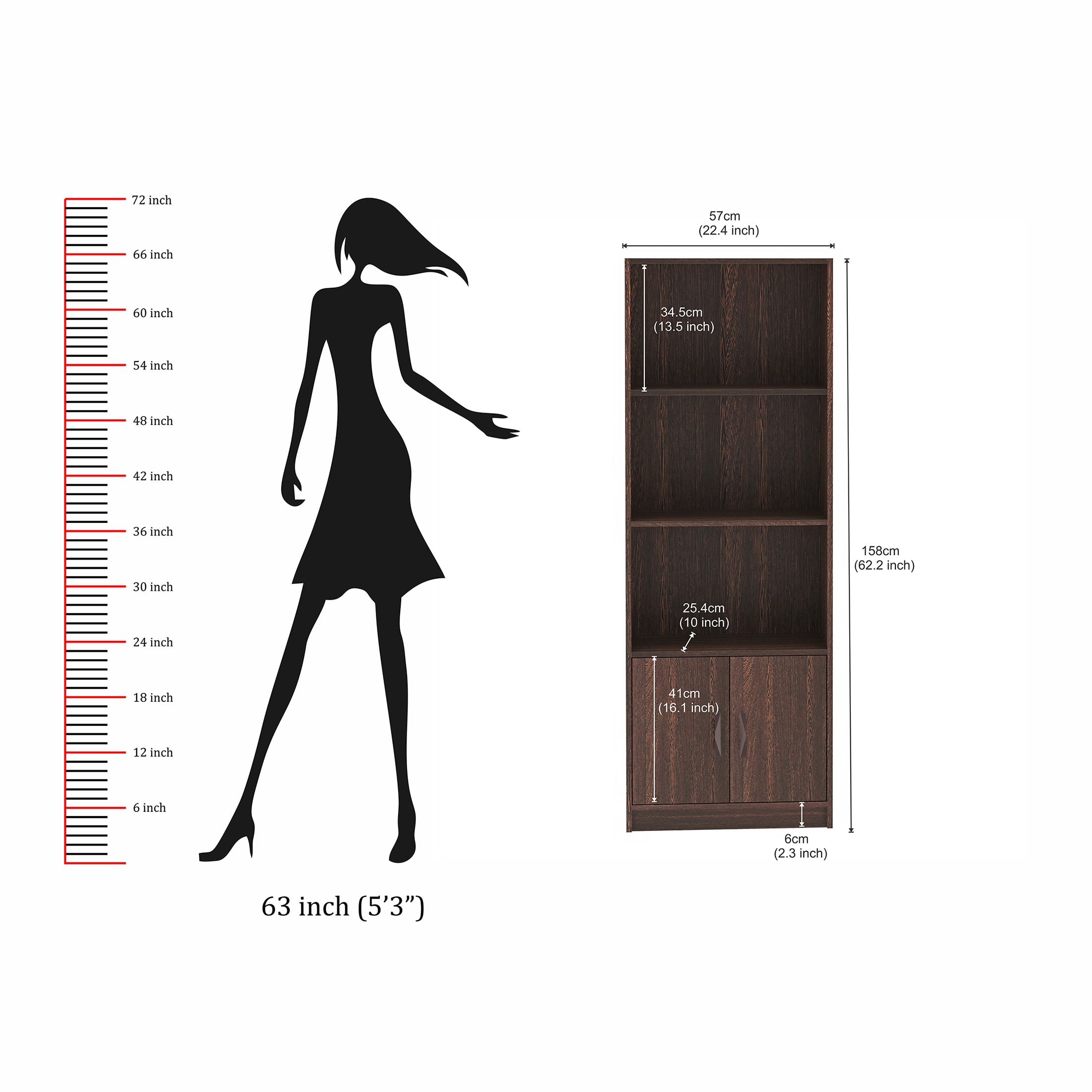 BLUEWUD Seonn Engineered Wood Bookshelf Crockery Storage Cabinet, Book Rack Organizer with Shelves for D�cor Display & 2 Doors, Storage Unit for Office Library Home (Wenge, Without Drawer)