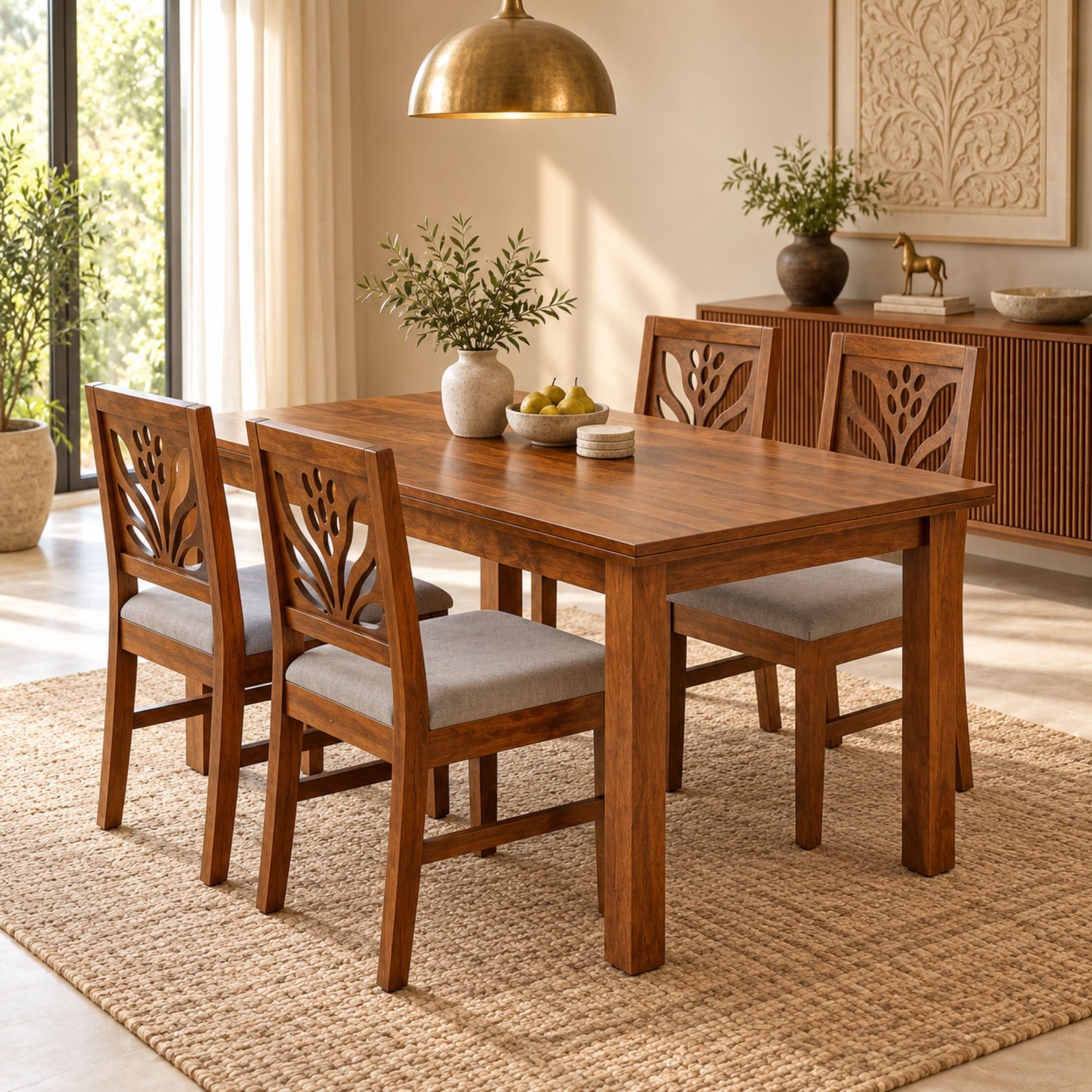 Globally Indian Ankura Solid Sheesham Wood 4 Seater Dining Table Set 4 Chairs Grey
