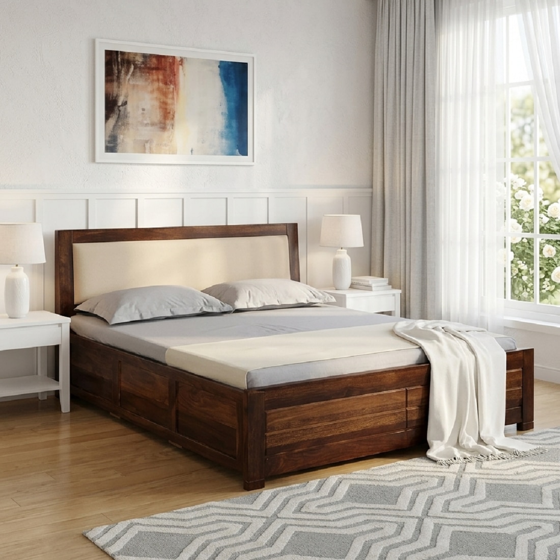 Aaryav Hydraulic Solid Wood Bed King Size in Provincial Teak Finish - Demiwall